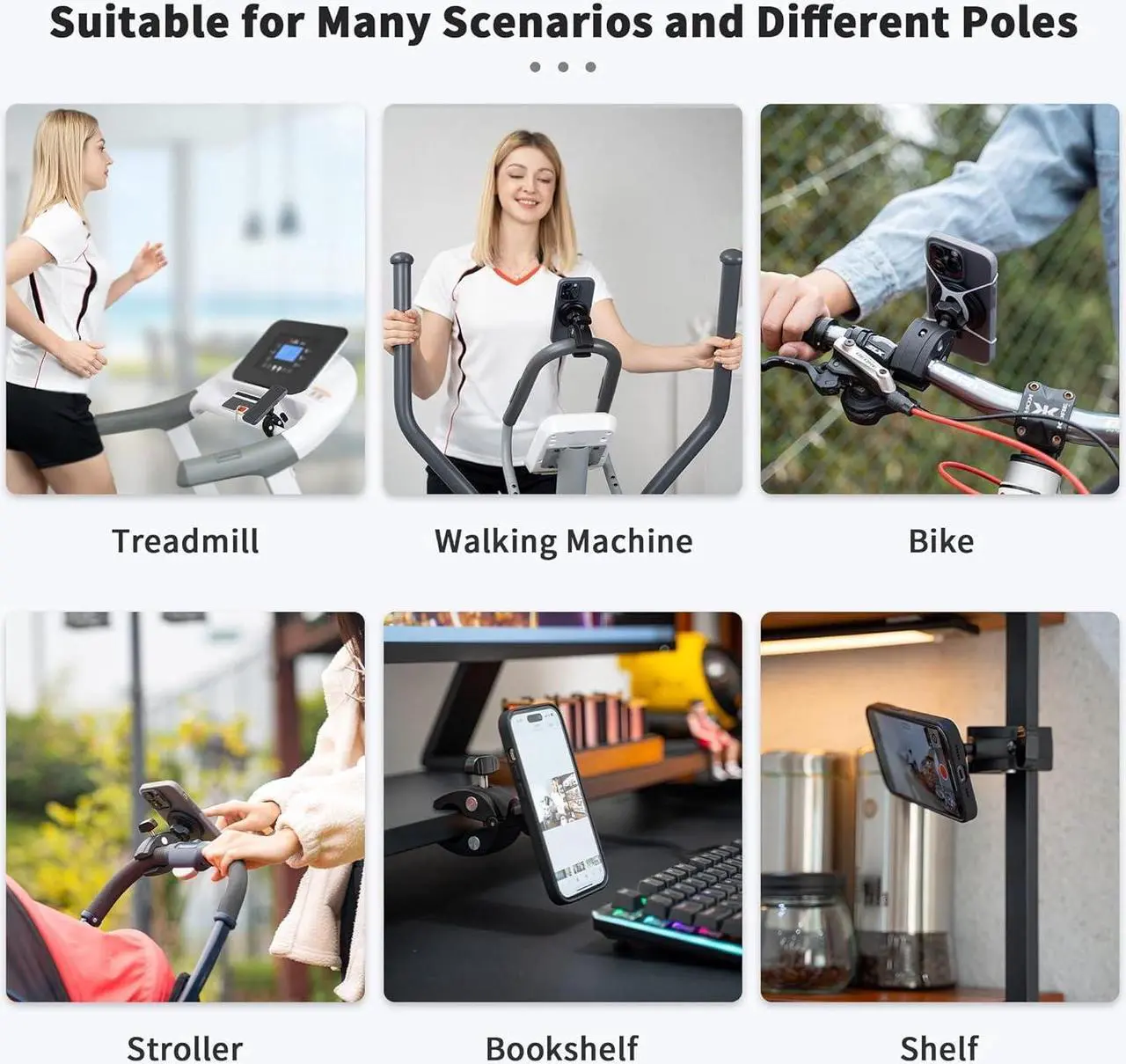 Alt view image 2 of 7 - Phone Holder Mount Magnetic Accessories: Fitness Equipment Gym Motorcycle Handlebar, Exercise Bike, Treadmill, Stroller, Cart, for Magsafe iPhone 16 15 14 13 12 Plus Pro Max & All Phone Stand Clamp