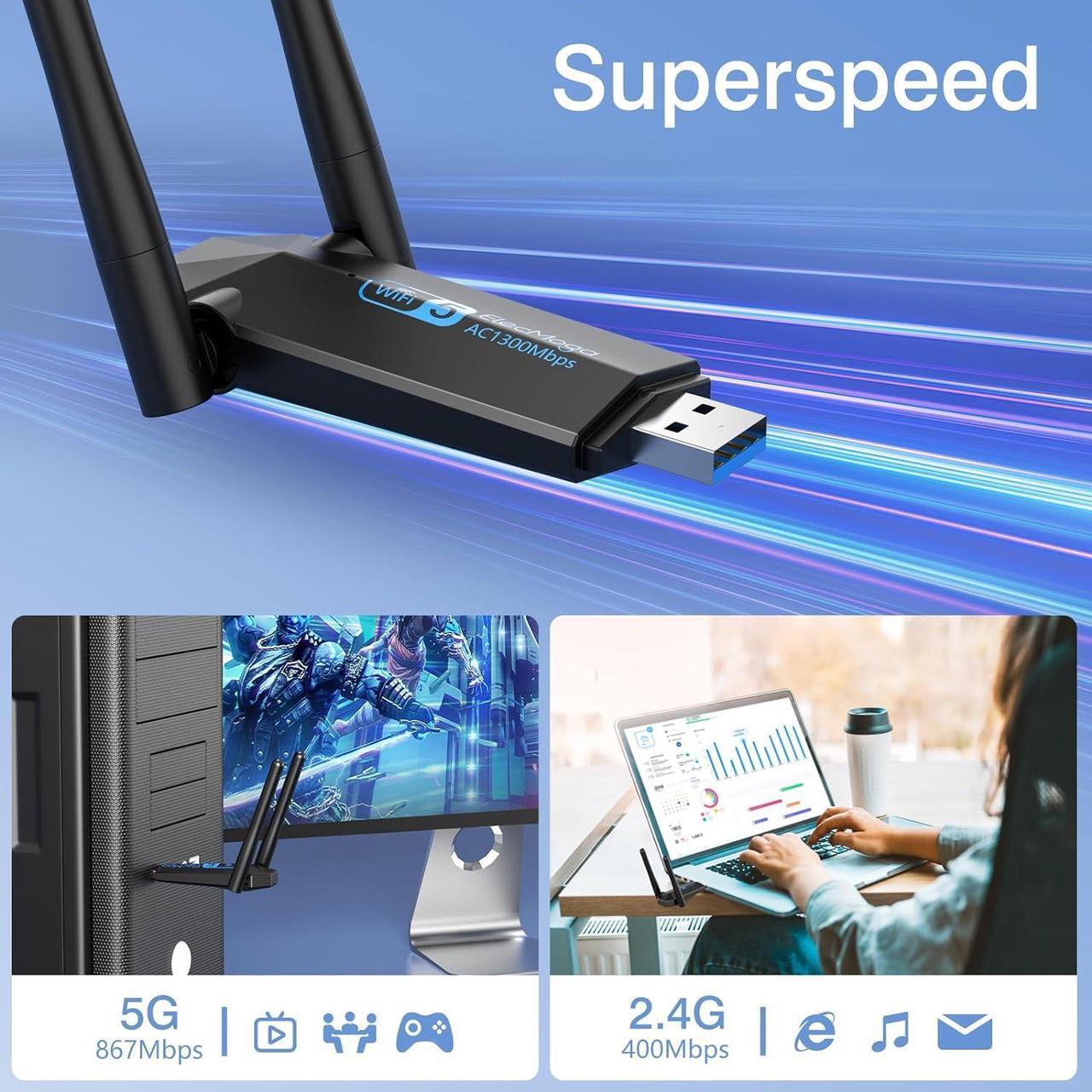 Alt view image 7 of 7 - USB WiFi Adapter, ElecMoga 1300Mbps WiFi Dongle USB 3.0 Dual Band 5G/2.4G Wireless Network Adapter for Desktop Laptop PC, Dual 5dBi Antennas, Supports Windows 11/10/8.1/8/7, Mac OS 10.9-10.15