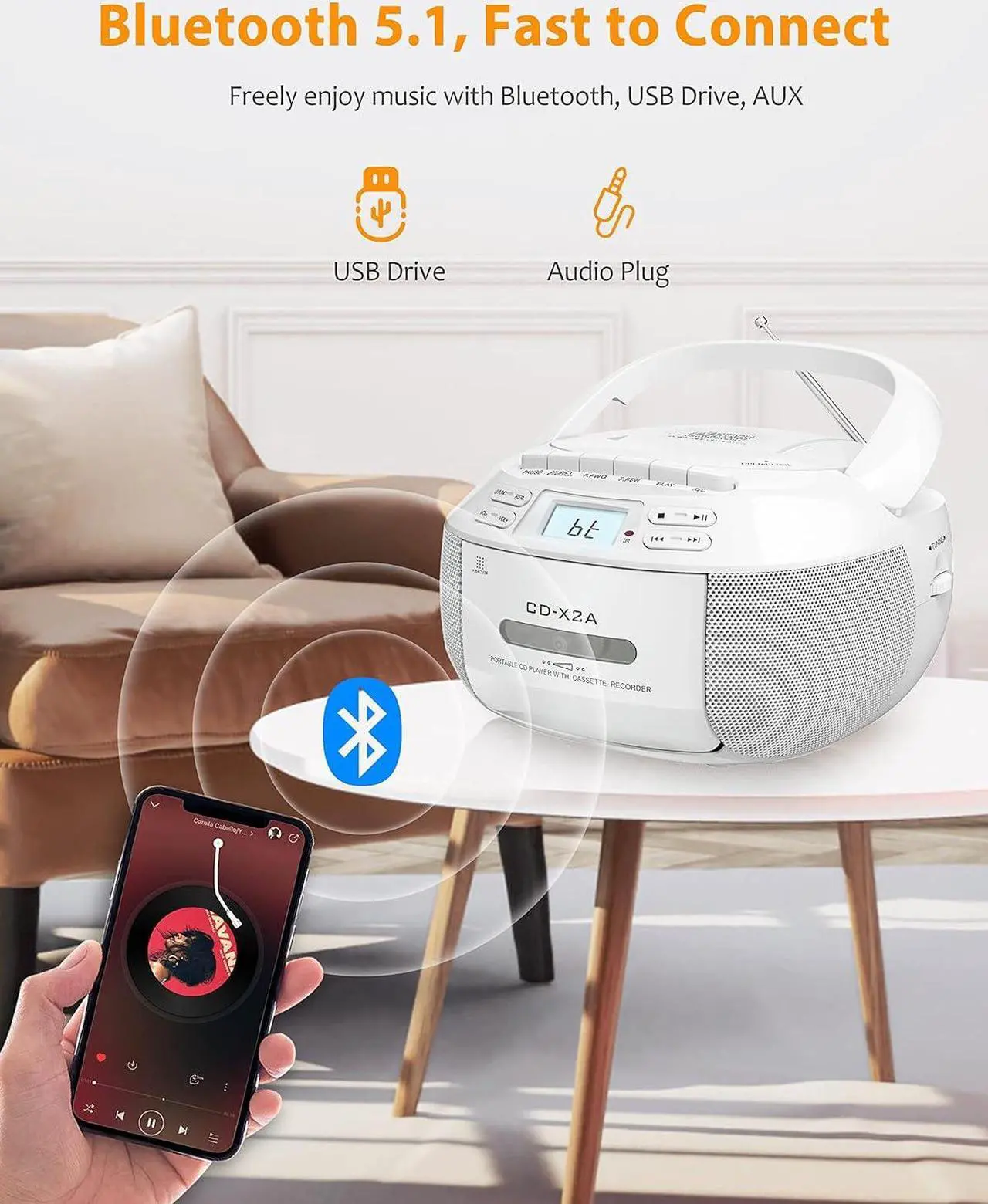 Alt view image 4 of 7 - Greadio CD Player Boombox Cassette Player Combo with Bluetooth,AM/FM Radio,Stereo Sound with Remote Control,AUX/USB Drive,Tape Recording,AC/DC Powered,Headphone Jack,LCD Display for Home,Kids,Gift