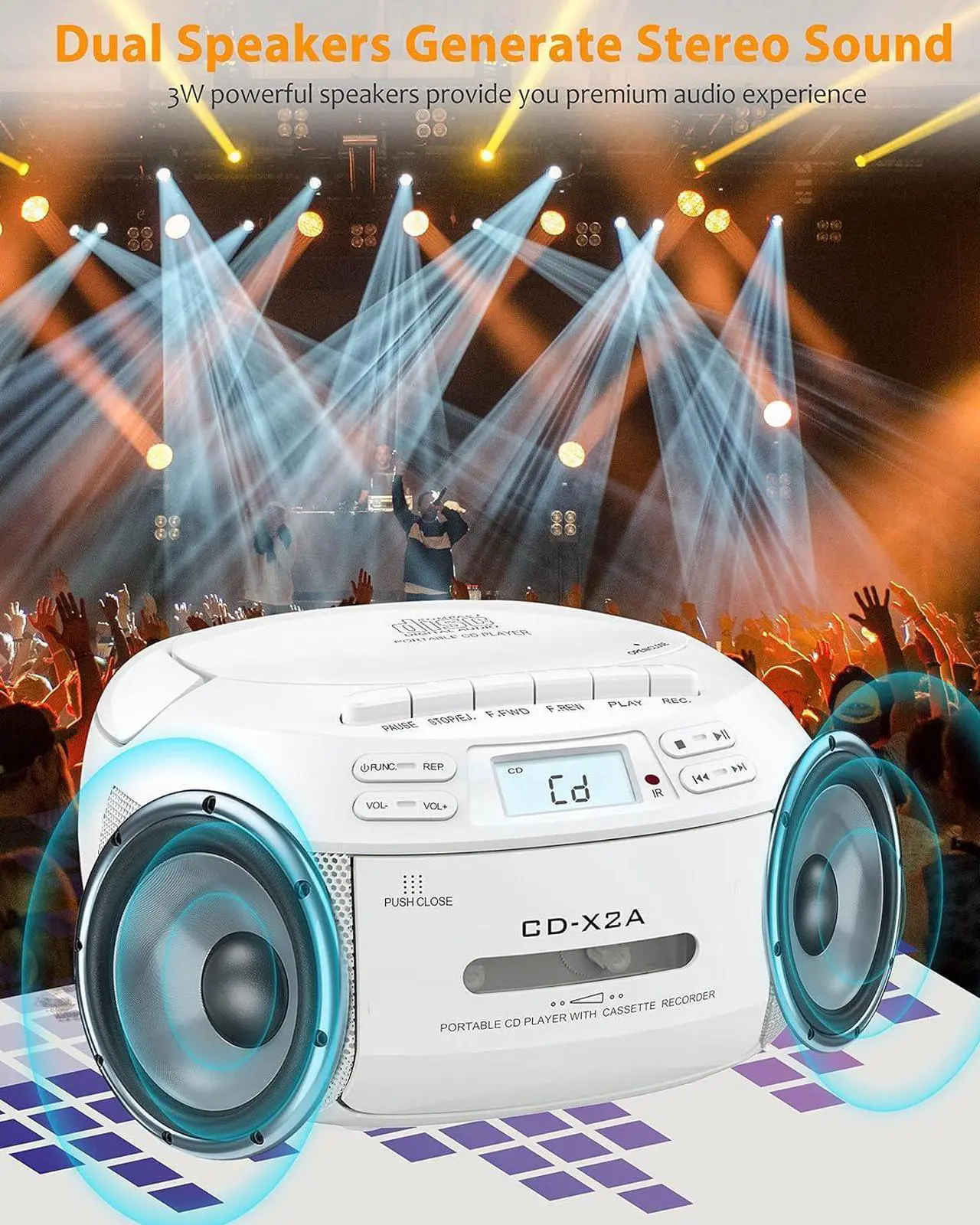 Alt view image 5 of 7 - Greadio CD Player Boombox Cassette Player Combo with Bluetooth,AM/FM Radio,Stereo Sound with Remote Control,AUX/USB Drive,Tape Recording,AC/DC Powered,Headphone Jack,LCD Display for Home,Kids,Gift