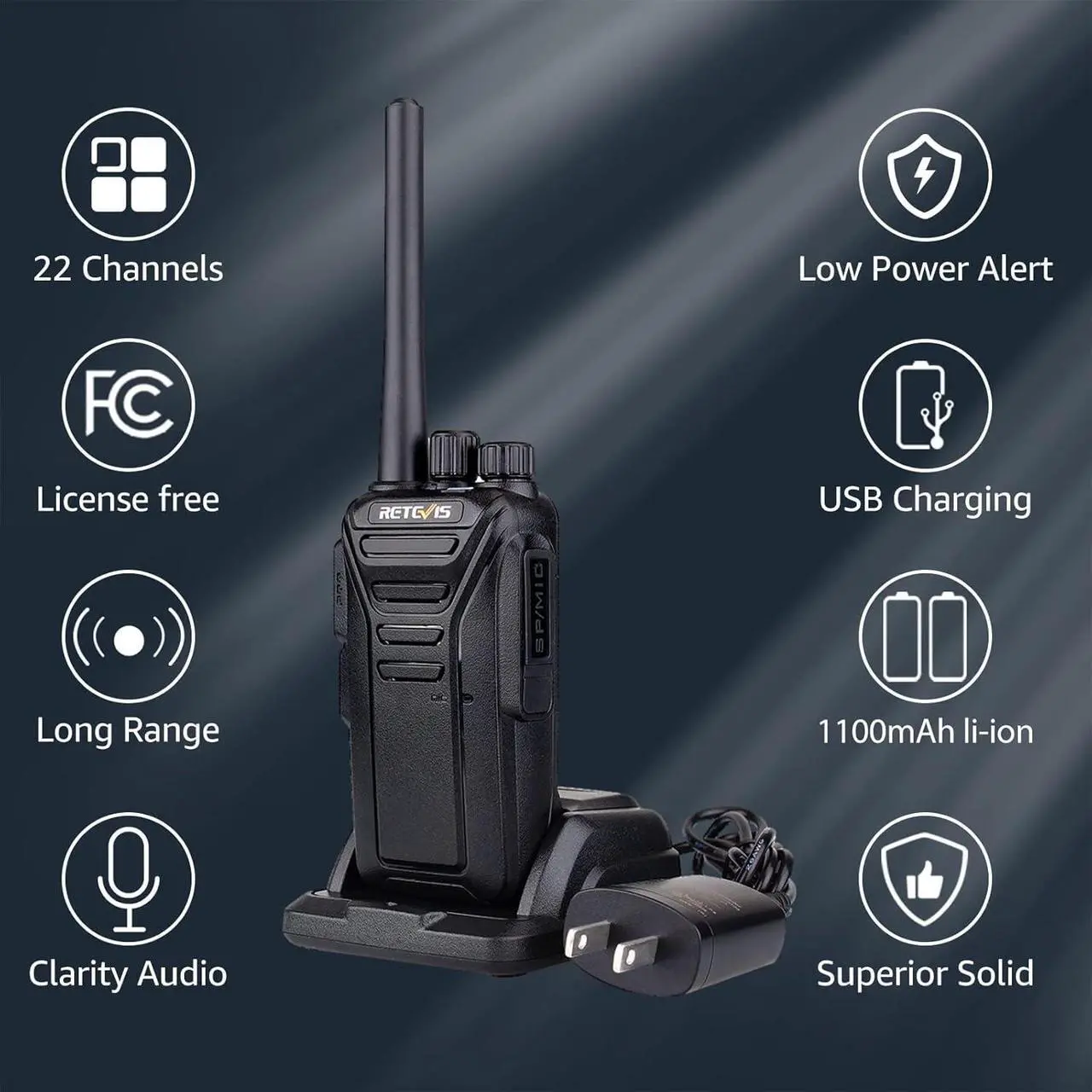 Alt view image 5 of 7 - Retevis RT27 Walkie Talkies,Two Way Radio with Shoulder Speaker Mic,2 Way Radios Long Range,USB Charging Base,Local Alarm,Walkie Talkie for Adults Construction Site School Security(5 Pack)