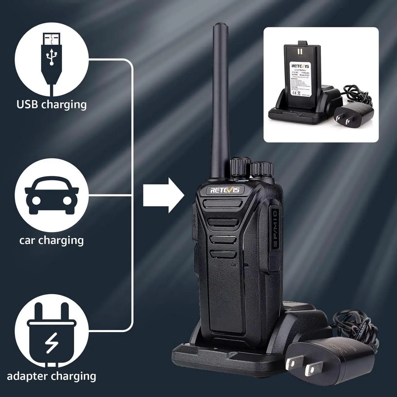 Alt view image 7 of 7 - Retevis RT27 Walkie Talkies,Two Way Radio with Shoulder Speaker Mic,2 Way Radios Long Range,USB Charging Base,Local Alarm,Walkie Talkie for Adults Construction Site School Security(5 Pack)