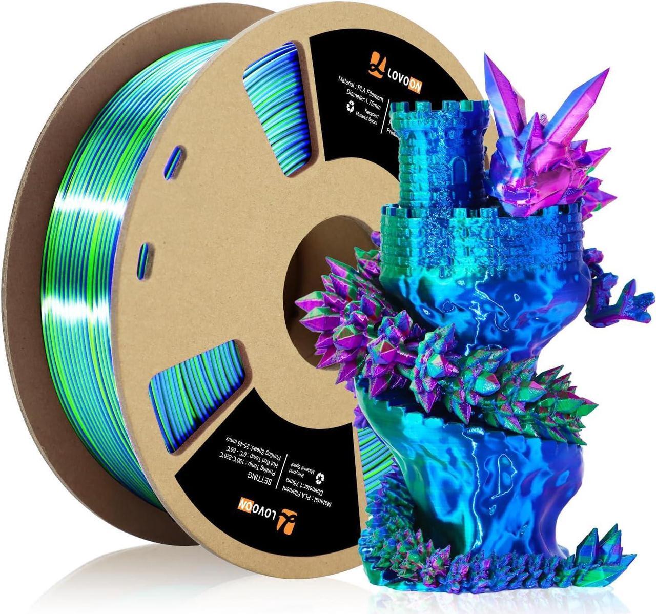 Main image of LOVOON 3D Printer Filament, Tricolor PLA Filament 1.75mm Silk Rainbow Filament Green-Red-Blue, 3D Printing Accessories PLA Filament Multicolor, Dimensional Accuracy +/-0.02mm, 2.2lbs/Spool