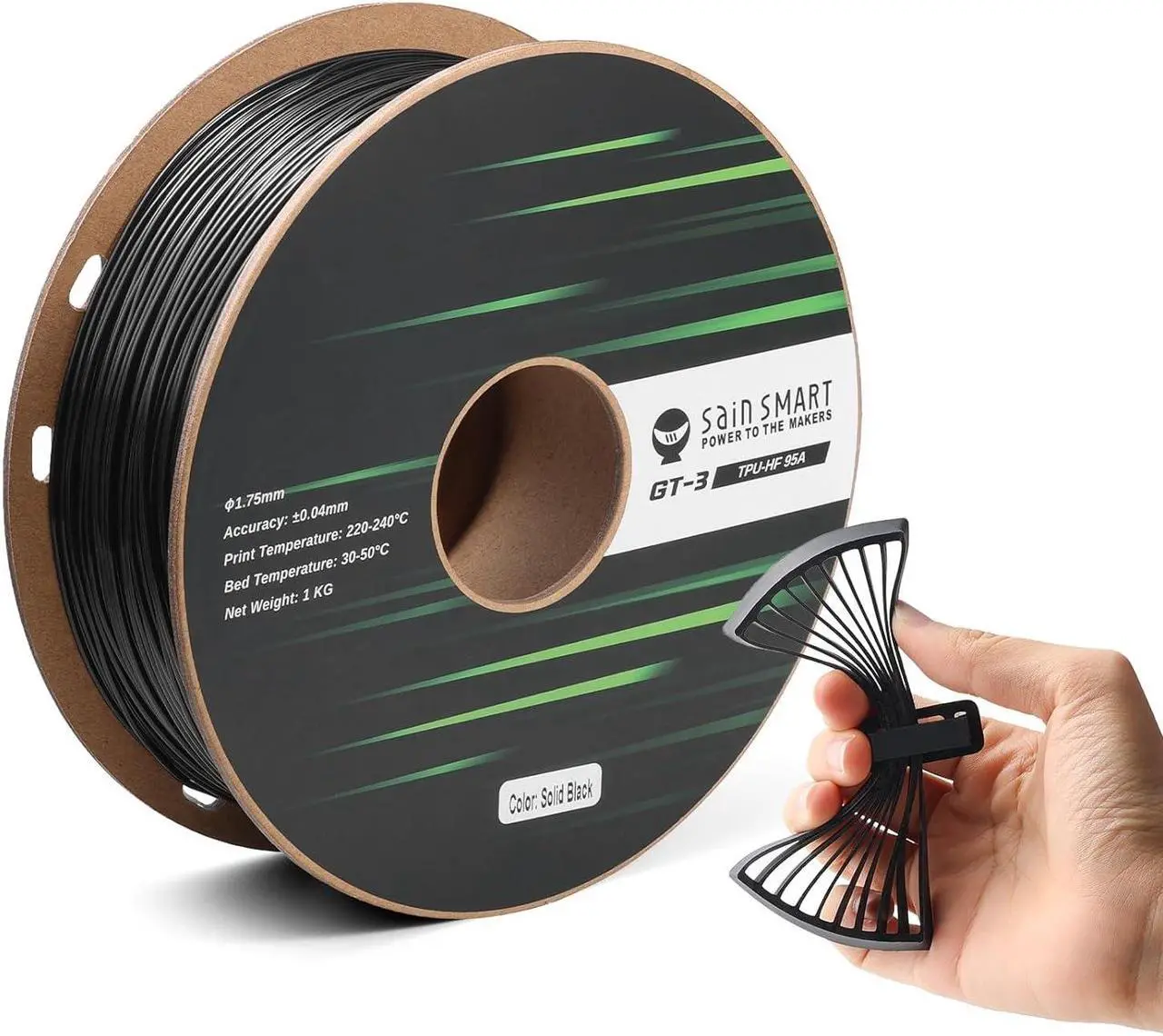 Main image of SainSmart TPU Filament 1.75mm, GT-3 Black Flexible 3D Printer Filament for High-Speed Printing 500mm/s, 2.2 LBS (1KG) Spool, Dimensional Accuracy +/- 0.04mm
