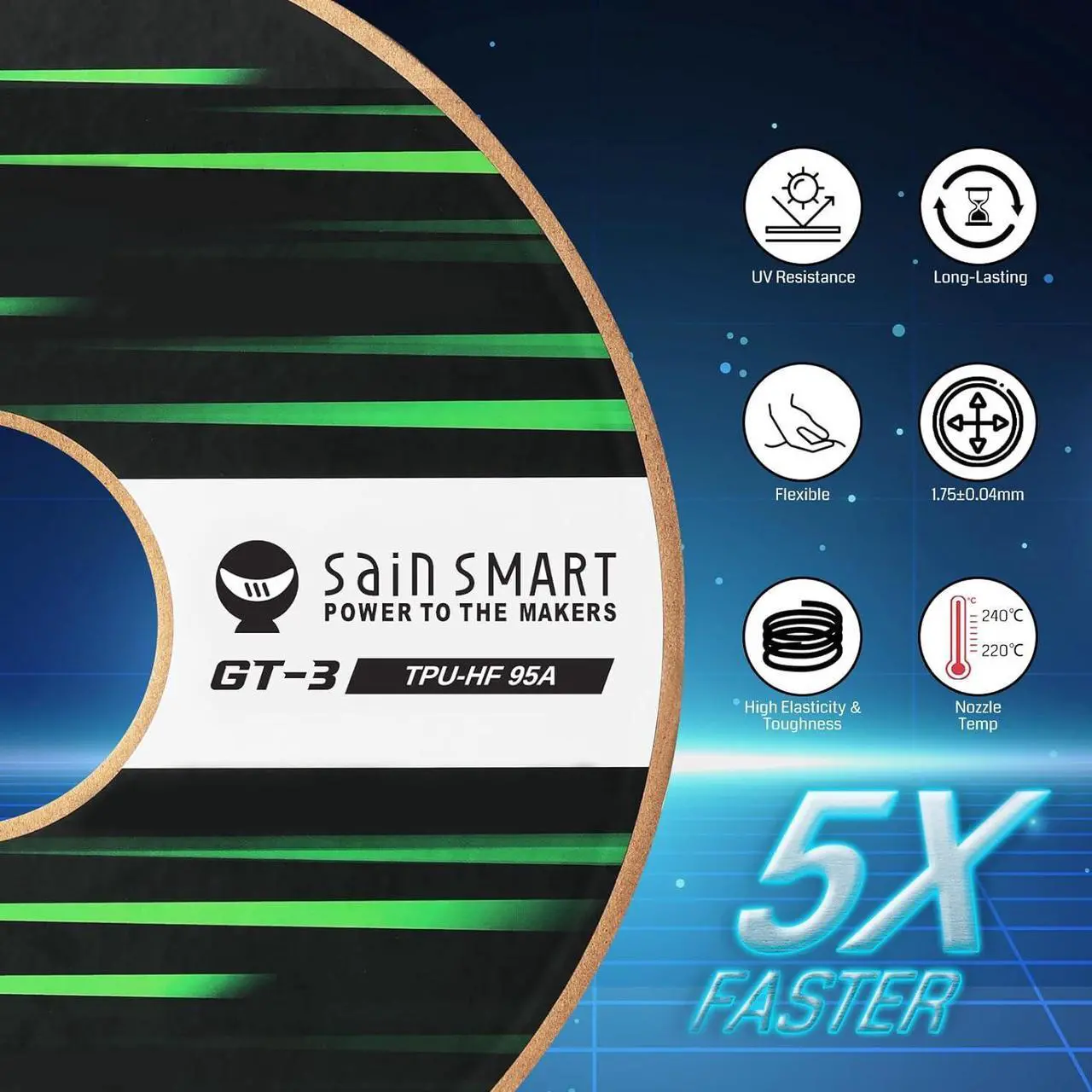 Alt view image 2 of 6 - SainSmart TPU Filament 1.75mm, GT-3 Black Flexible 3D Printer Filament for High-Speed Printing 500mm/s, 2.2 LBS (1KG) Spool, Dimensional Accuracy +/- 0.04mm