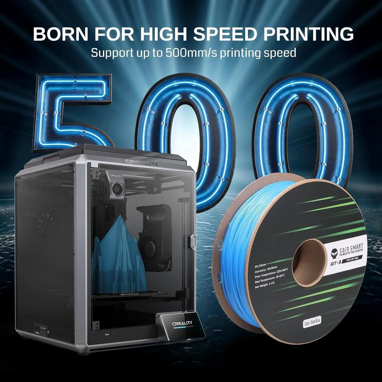 Alt view image 3 of 6 - SainSmart TPU Filament 1.75mm, GT-3 Black Flexible 3D Printer Filament for High-Speed Printing 500mm/s, 2.2 LBS (1KG) Spool, Dimensional Accuracy +/- 0.04mm