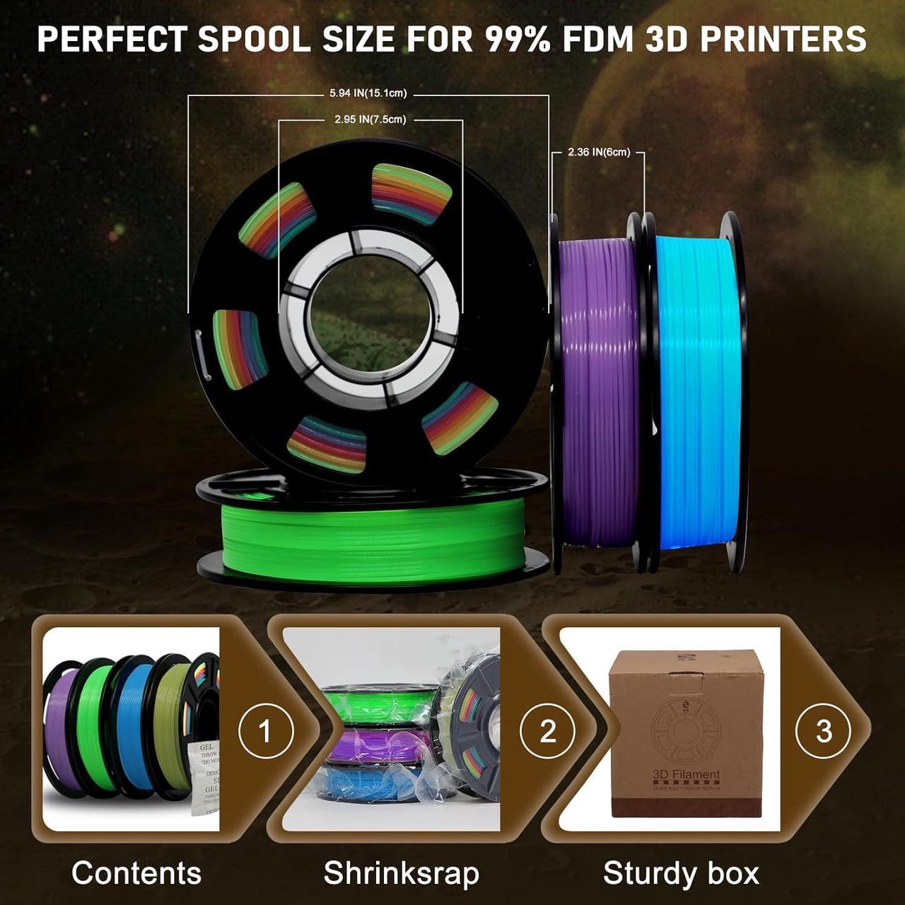 Alt view image 6 of 6 - YOUSU 3D Printer Filament Bundle, Glow in The Dark Filament Multicolor, Green, Blue, Purple and Rainbow, PLA Filament 1.75 mm, Dimensional Accuracy +/- 0.03 mm, 250g X 4 Pack