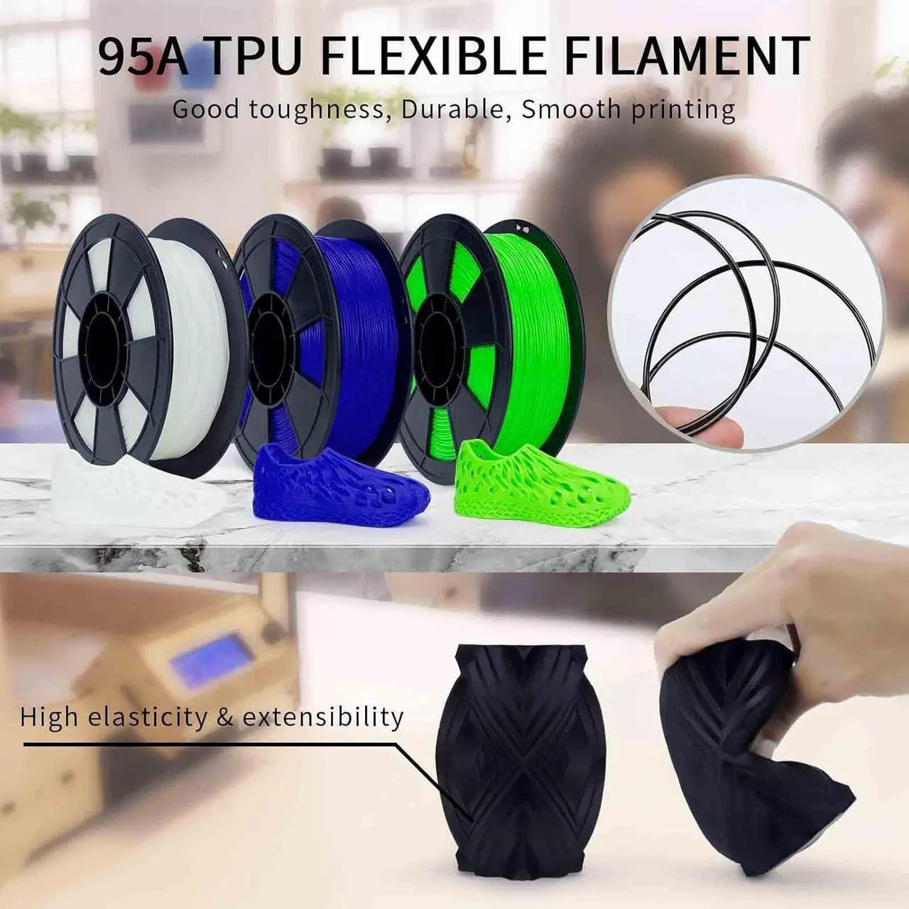 Alt view image 2 of 6 - ZIRO TPU Filament 1.75mm 3D Printer Filament, Shore 95A Hardness TPU, Flexible Soft Material, 0.8KG/1.8lbs Spool, Fit Most FDM 3D Printers, Black
