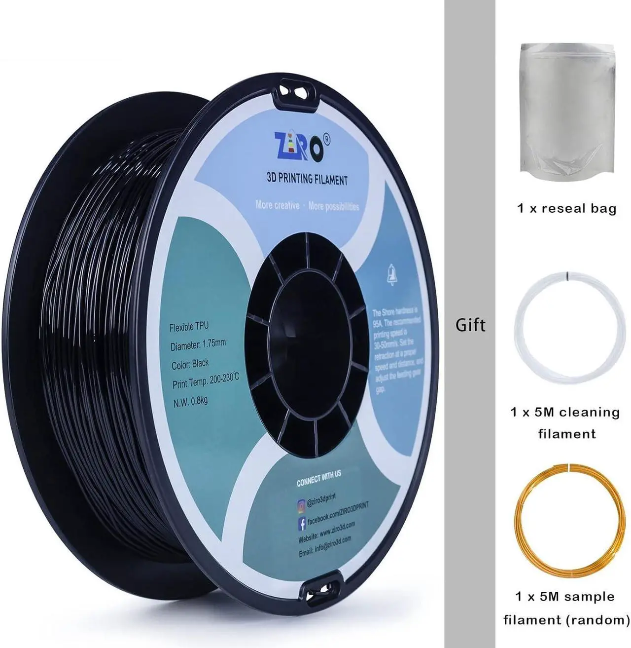 Alt view image 5 of 6 - ZIRO TPU Filament 1.75mm 3D Printer Filament, Shore 95A Hardness TPU, Flexible Soft Material, 0.8KG/1.8lbs Spool, Fit Most FDM 3D Printers, Black