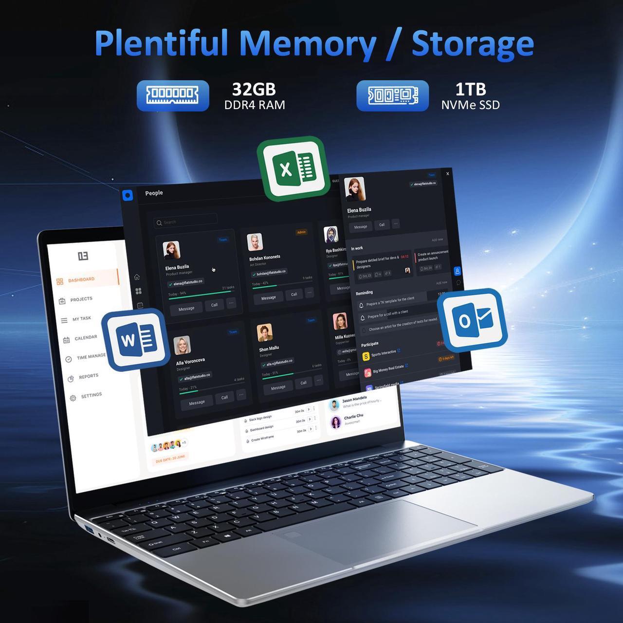 Alt view image 2 of 7 - KurieTim Laptop Computer, 32GB DDR4 RAM, 1TB SSD, Intel N95 CPU(up to 3.4 GHz), Windows 11 Pro Business Laptops, 15.6" FHD IPS 1920 x 1080 Screen, Mini HDMI, USB3.0x2