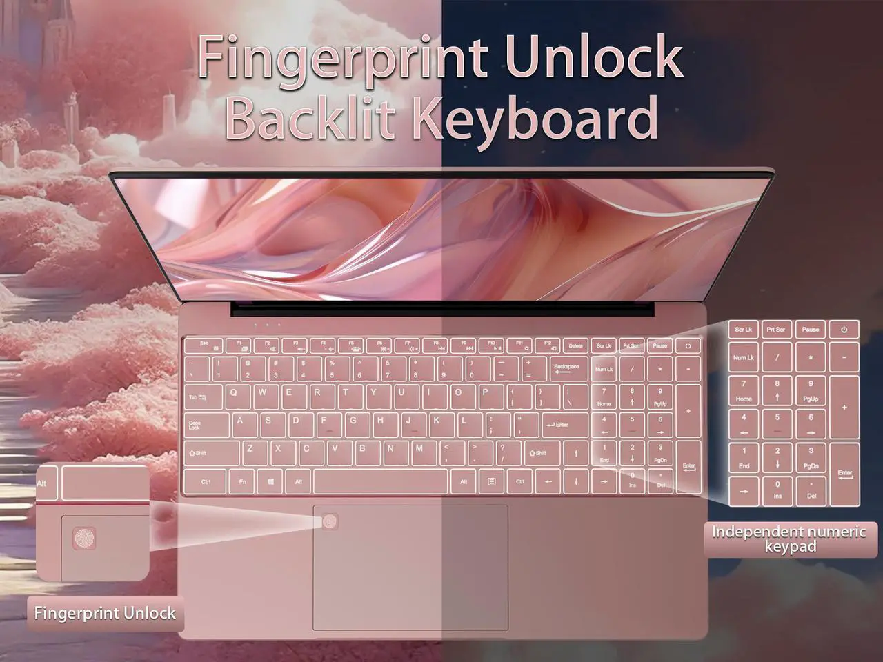 Alt view image 6 of 7 - KurieTim 15.6" Laptop, Windows 11 Laptop Computer,16GB DDR4 512GB SSD, Quad-Core N95 Processor(Up to 3.4GHz), 180°Open Angle, Support WiFi, USB3.0x2, Rose Gold