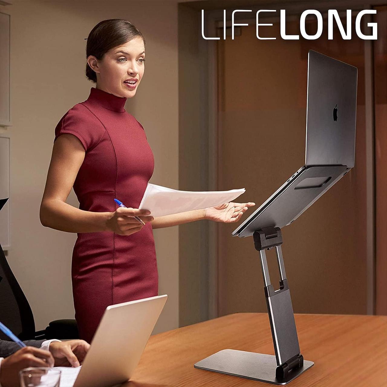 Alt view image 3 of 5 - Lifelong Ergonomic Laptop Stand For Desk, Adjustable Height Up To 20", Laptop Riser Portable Computer, Laptop Stands, Fits All MacBook, Laptops 10 15 17 Inches, Pulpit Laptop Holder Desk Stand Silver