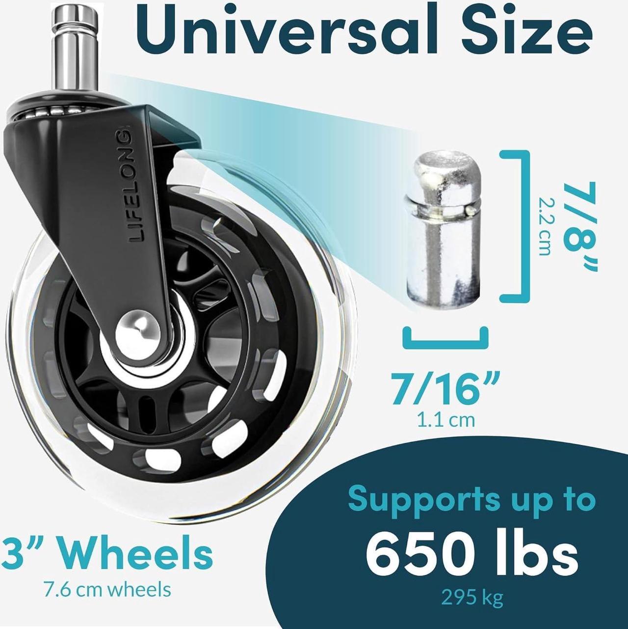 Alt view image 4 of 6 - Lifelong Office Chair Wheels Replacement Rubber Chair Casters for Hardwood Floors and Carpet, Set of 5, Heavy Duty Casters for Chairs to Replace Office Chair Mats - Fits 98% Blue