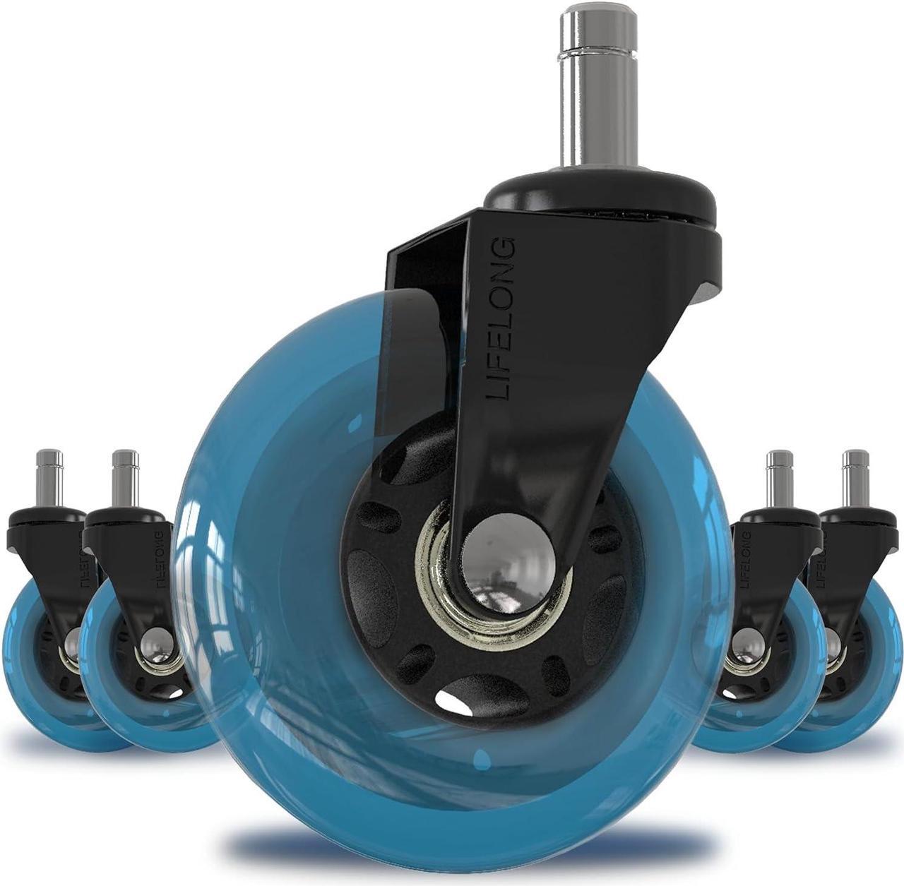Main image of Lifelong Office Chair Wheels Replacement Rubber Chair Casters for Hardwood Floors and Carpet, Set of 5, Heavy Duty Casters for Chairs to Replace Office Chair Mats - Fits 98% Blue