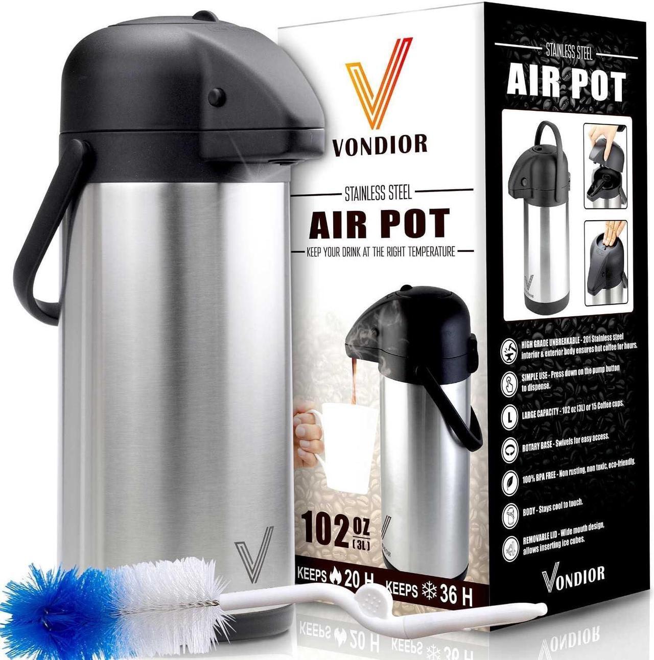 Main image of Vondior Airpot Coffee Dispenser with Pump - Insulated Stainless Steel 102 Oz Coffee Carafe - Thermal Beverage Dispenser - Thermos Urn for Hot/Cold Water, Party Chocolate Drinks