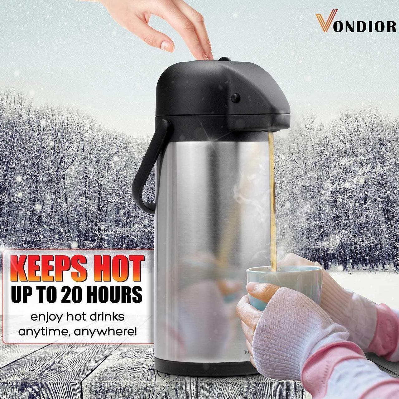 Alt view image 3 of 7 - Vondior Airpot Coffee Dispenser with Pump - Insulated Stainless Steel 102 Oz Coffee Carafe - Thermal Beverage Dispenser - Thermos Urn for Hot/Cold Water, Party Chocolate Drinks
