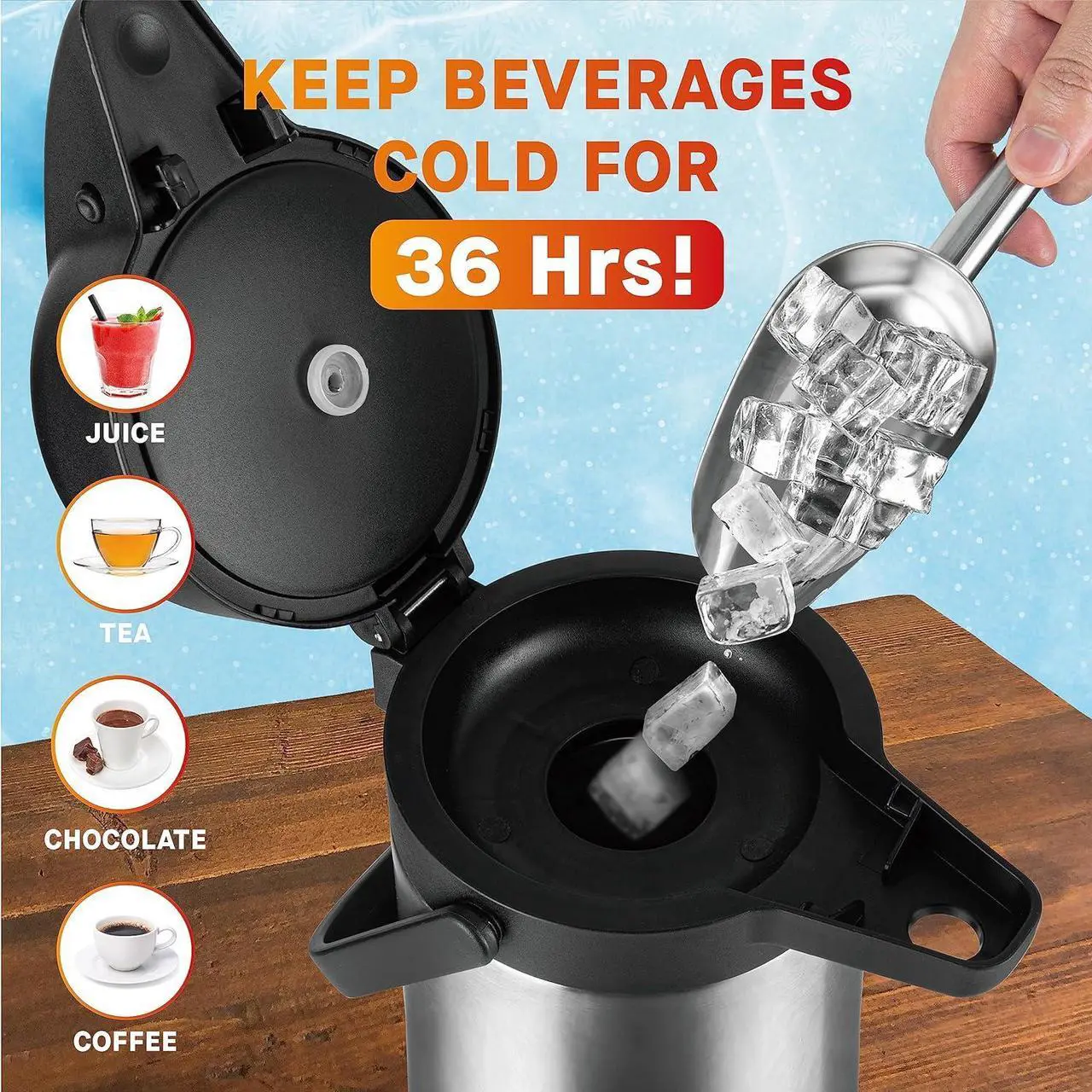 Alt view image 6 of 6 - Vondior Airpot Coffee Dispenser with Pump - Insulated Stainless Steel 64Oz Coffee Carafe - Thermal Beverage Dispenser - Thermos Urn for Hot/Cold Water, Party Chocolate Drinks 1.9