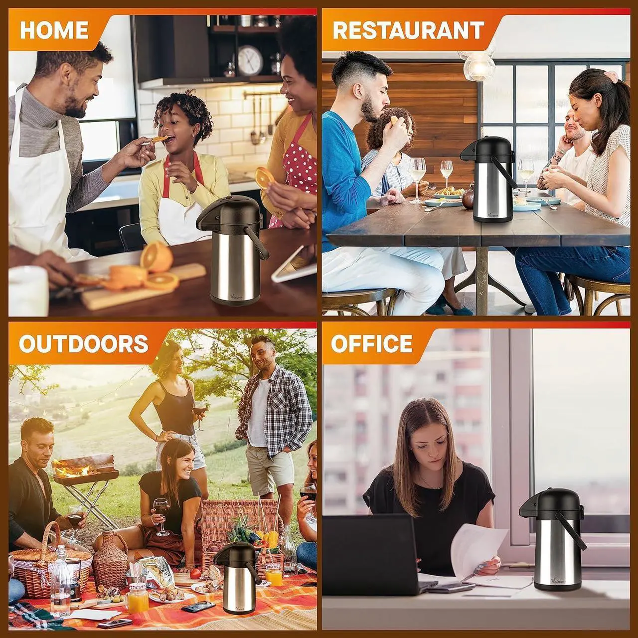 Alt view image 5 of 6 - Vondior Airpot Coffee Dispenser with Pump - Insulated Stainless Steel 64Oz Coffee Carafe - Thermal Beverage Dispenser - Thermos Urn for Hot/Cold Water, Party Chocolate Drinks 1.9