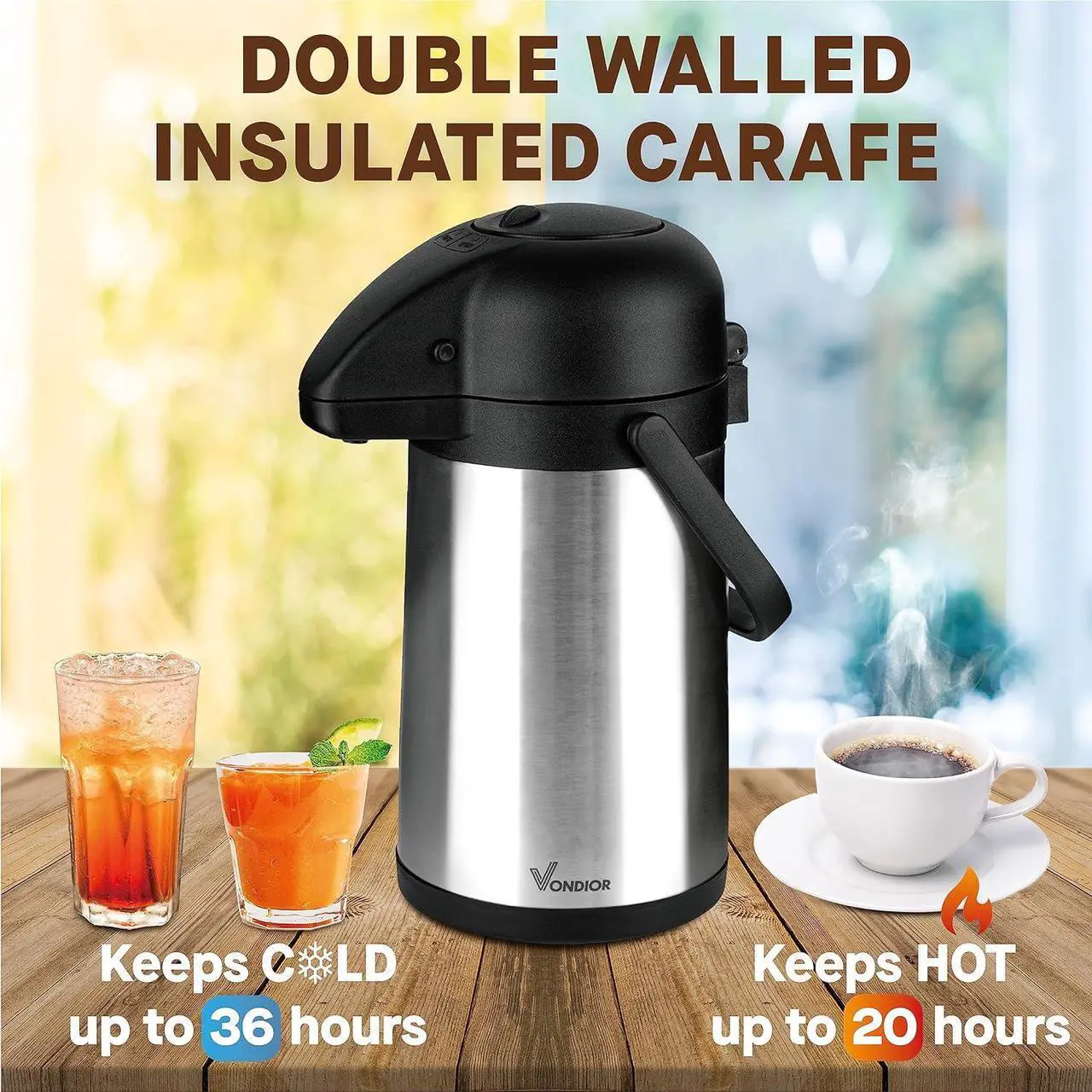 Alt view image 3 of 6 - Vondior Airpot Coffee Dispenser with Pump - Insulated Stainless Steel 64Oz Coffee Carafe - Thermal Beverage Dispenser - Thermos Urn for Hot/Cold Water, Party Chocolate Drinks 1.9