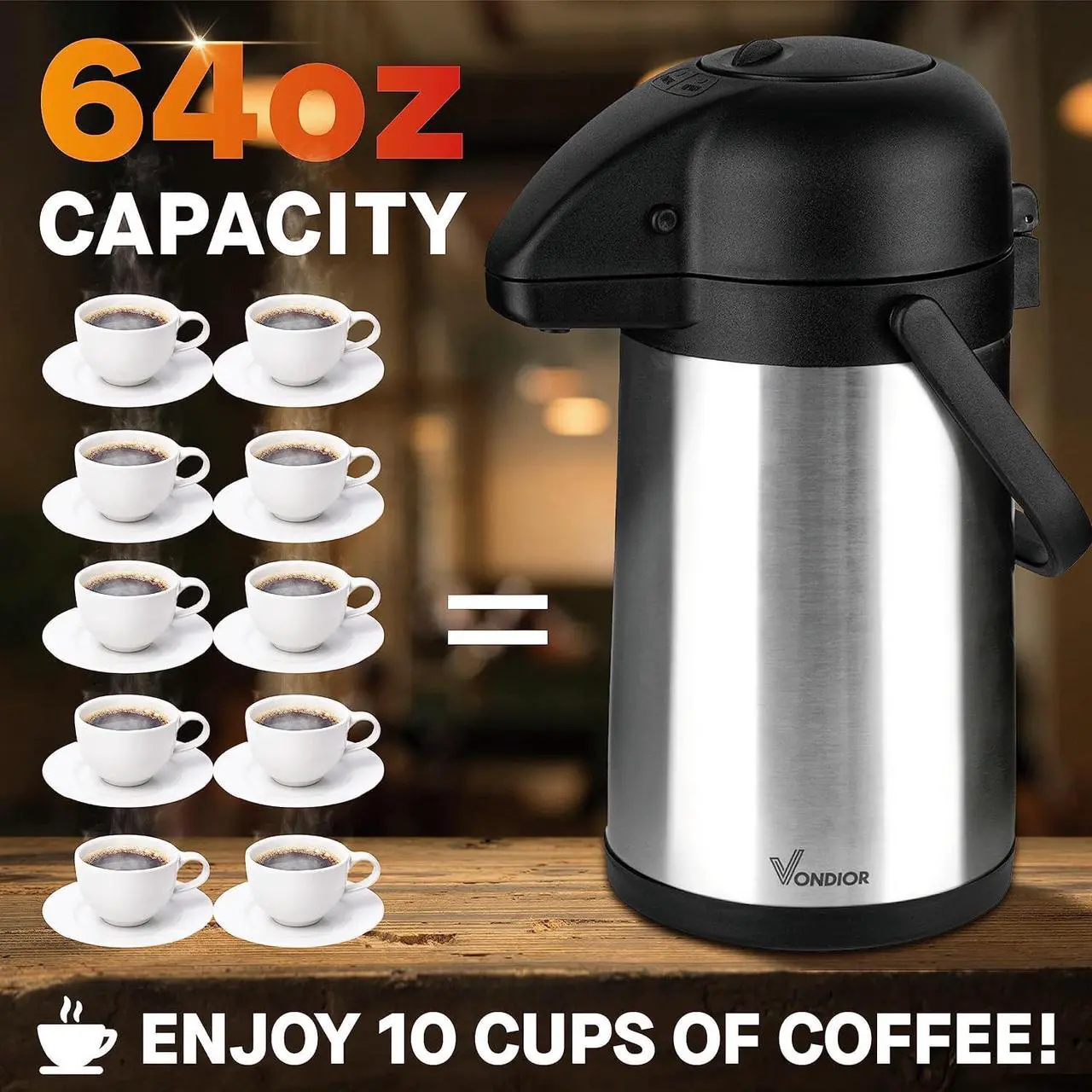 Alt view image 2 of 6 - Vondior Airpot Coffee Dispenser with Pump - Insulated Stainless Steel 64Oz Coffee Carafe - Thermal Beverage Dispenser - Thermos Urn for Hot/Cold Water, Party Chocolate Drinks 1.9