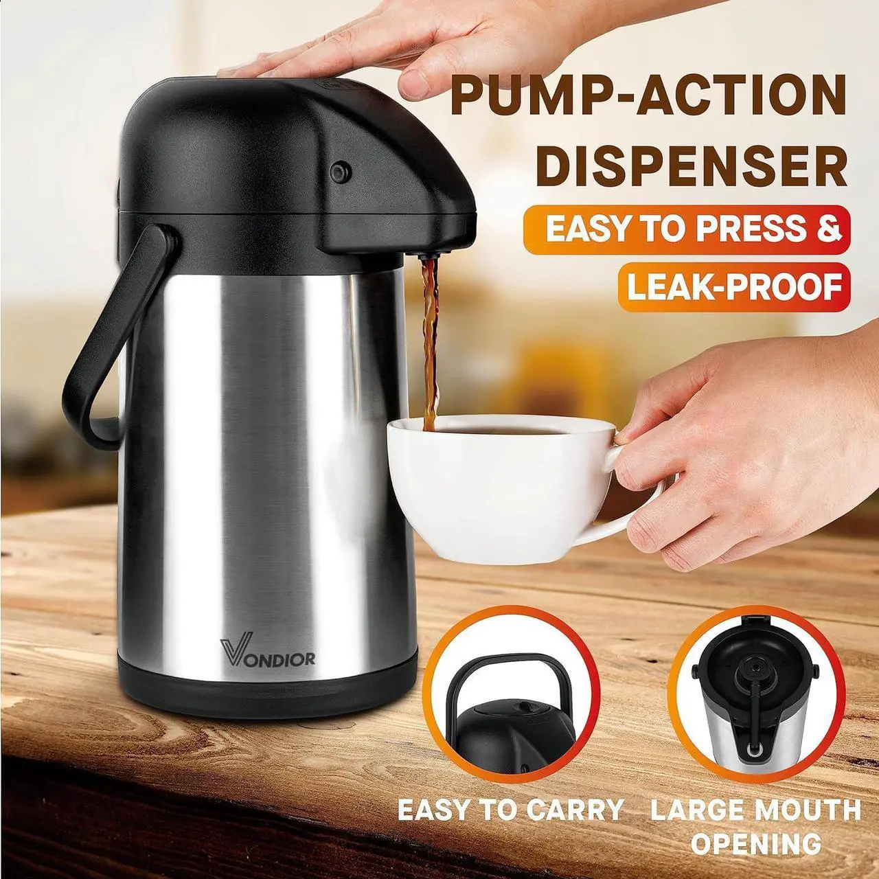 Alt view image 4 of 6 - Vondior Airpot Coffee Dispenser with Pump - Insulated Stainless Steel 64Oz Coffee Carafe - Thermal Beverage Dispenser - Thermos Urn for Hot/Cold Water, Party Chocolate Drinks 1.9