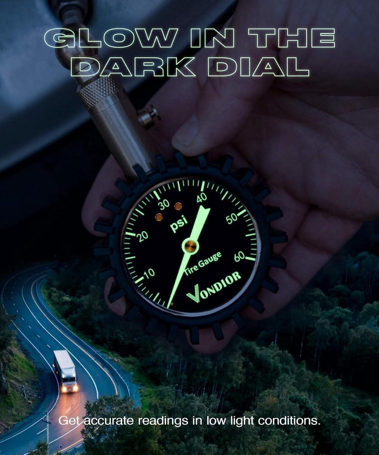 Alt view image 2 of 7 - Vondior Tire Pressure Gauge - (0-60 PSI) Heavy Duty, Certified ANSI Accurate with Large 2 Inch Easy to Read Glow Dial, Low - High Air Pressure Gauge. Tire Gauge for Car and Trucks Tires