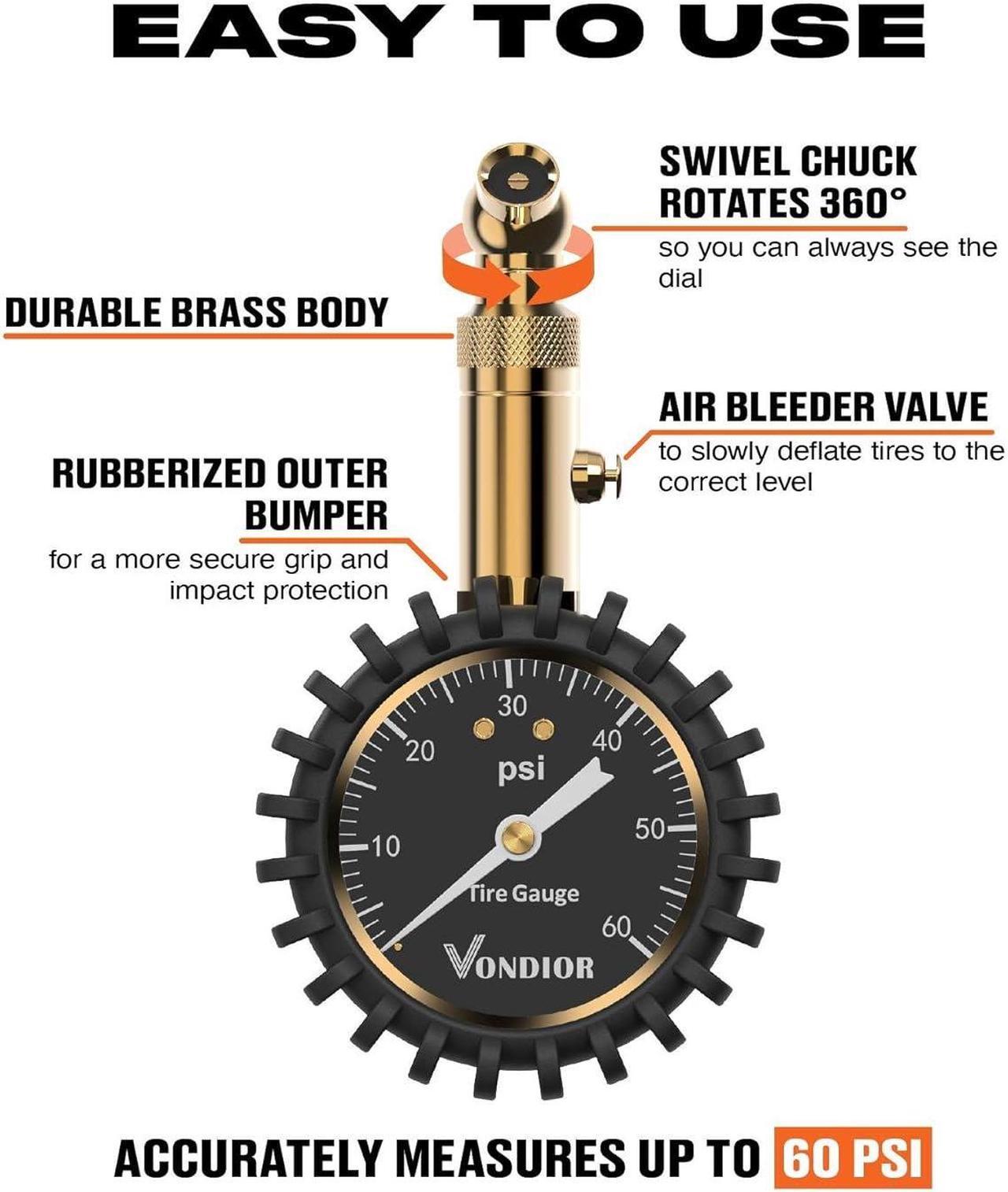 Alt view image 5 of 7 - Vondior Tire Pressure Gauge - (0-60 PSI) Heavy Duty, Certified ANSI Accurate with Large 2 Inch Easy to Read Glow Dial, Low - High Air Pressure Gauge. Tire Gauge for Car and Trucks Tires