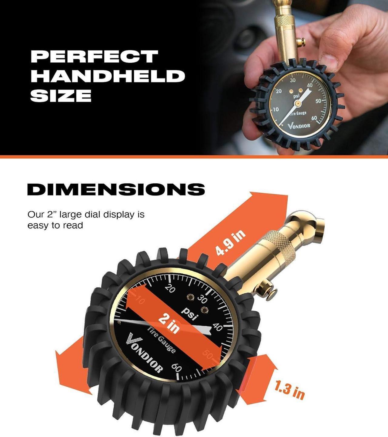 Alt view image 7 of 7 - Vondior Tire Pressure Gauge - (0-60 PSI) Heavy Duty, Certified ANSI Accurate with Large 2 Inch Easy to Read Glow Dial, Low - High Air Pressure Gauge. Tire Gauge for Car and Trucks Tires