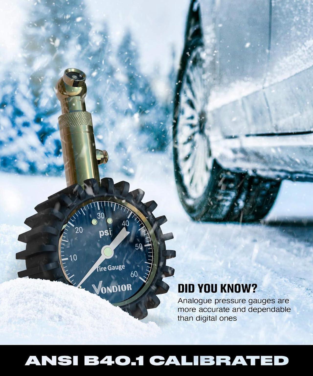 Alt view image 4 of 7 - Vondior Tire Pressure Gauge - (0-60 PSI) Heavy Duty, Certified ANSI Accurate with Large 2 Inch Easy to Read Glow Dial, Low - High Air Pressure Gauge. Tire Gauge for Car and Trucks Tires