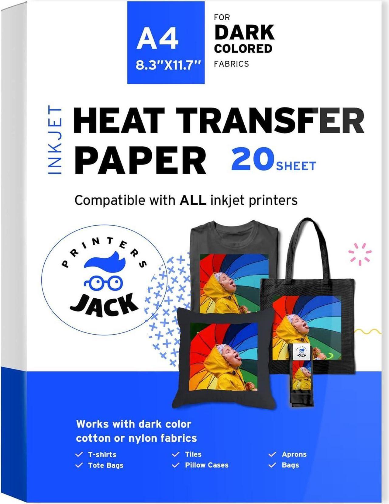 Main image of Printers Jack Iron-On Heat Transfer Paper for Dark Fabric 8.3x11.7" T-Shirt Transfer Paper for Inkjet Printer Wash Durable, Long Lasting Transfer, No Cracking