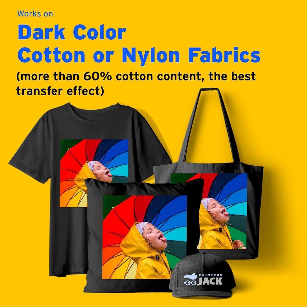 Alt view image 3 of 6 - Printers Jack Iron-On Heat Transfer Paper for Dark Fabric 8.3x11.7" T-Shirt Transfer Paper for Inkjet Printer Wash Durable, Long Lasting Transfer, No Cracking