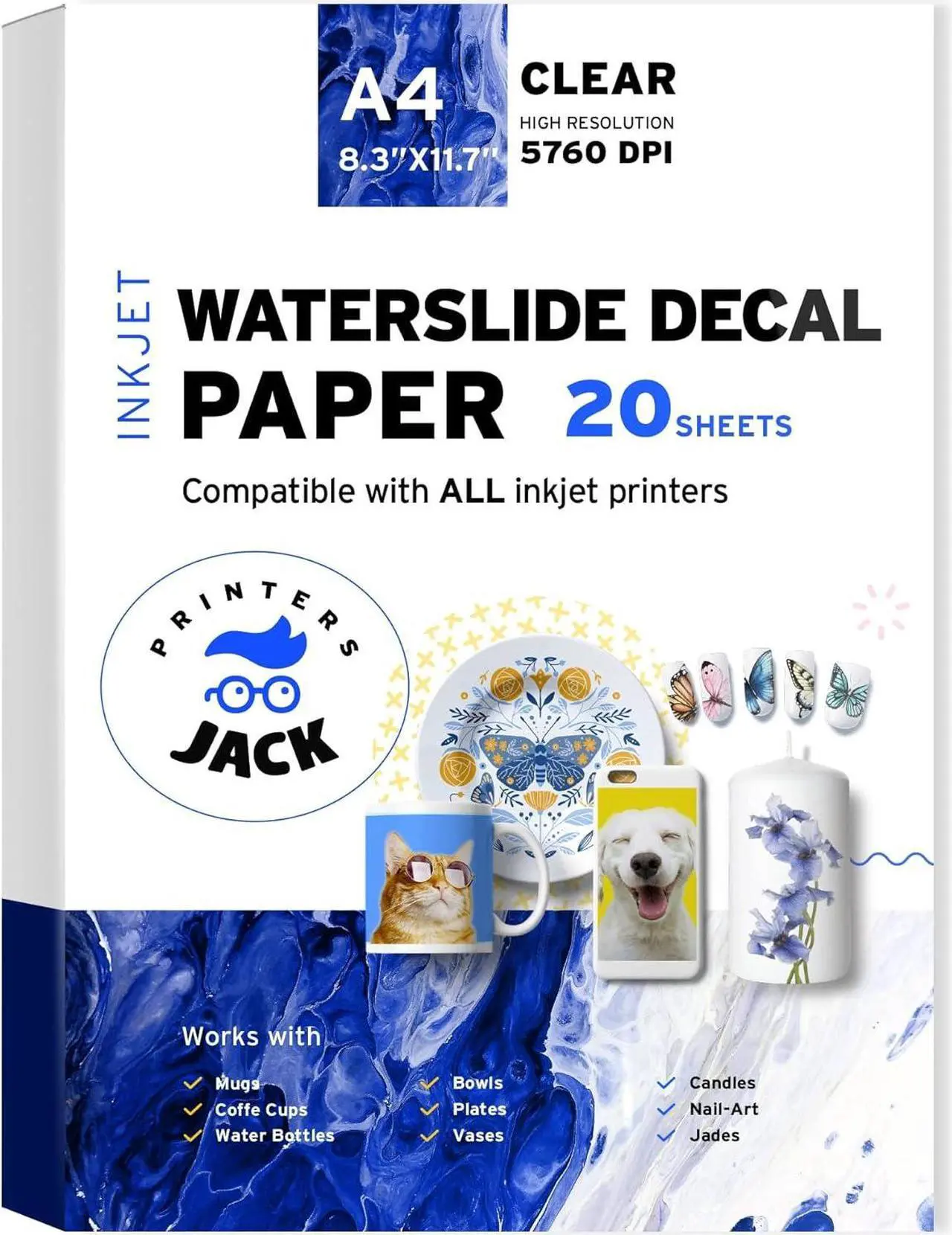 Alt view image 3 of 6 - Printers Jack Water Slide Decal Paper Inkjet Clear 20 Sheets 8.5 x 11 inches Premium Water Slide Transfer Paper Clear Transparent Printable Waterslide Paper for Tumblers, Mugs, Glasses DIY