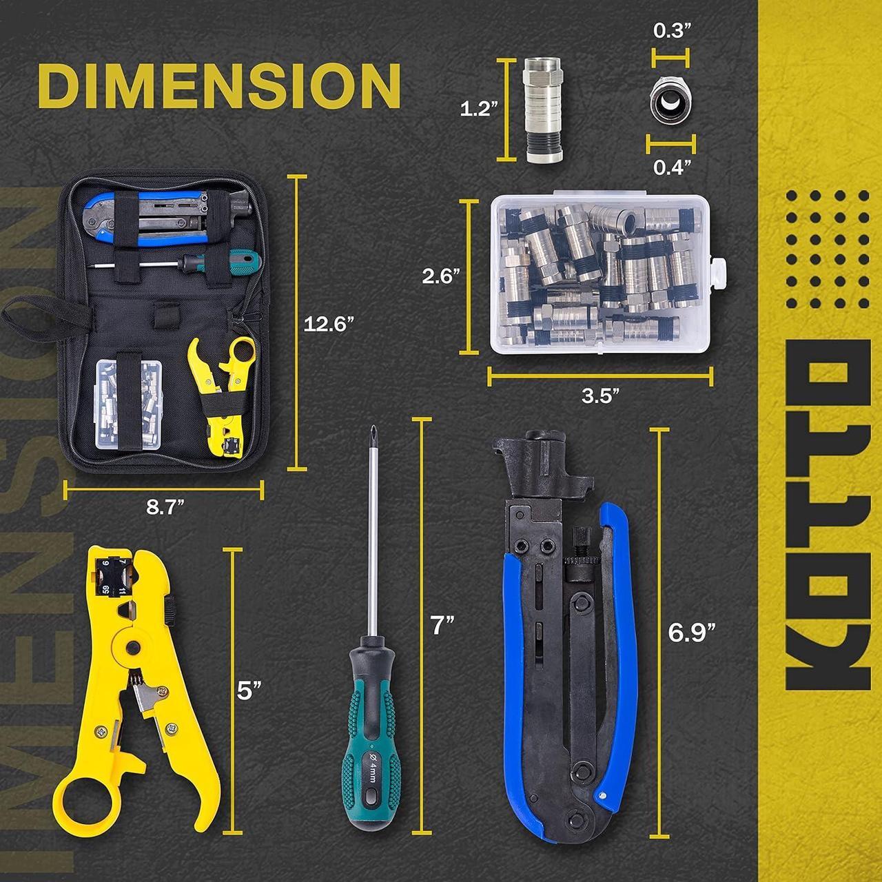 Alt view image 5 of 7 - KOTTO Coax Cable Crimper Kit, Compression Tool Coax Adjustable RG6 RG59 RG11 75-5 75-7 Coaxial Cable Stripper with 20 PCS F Compression Connectors