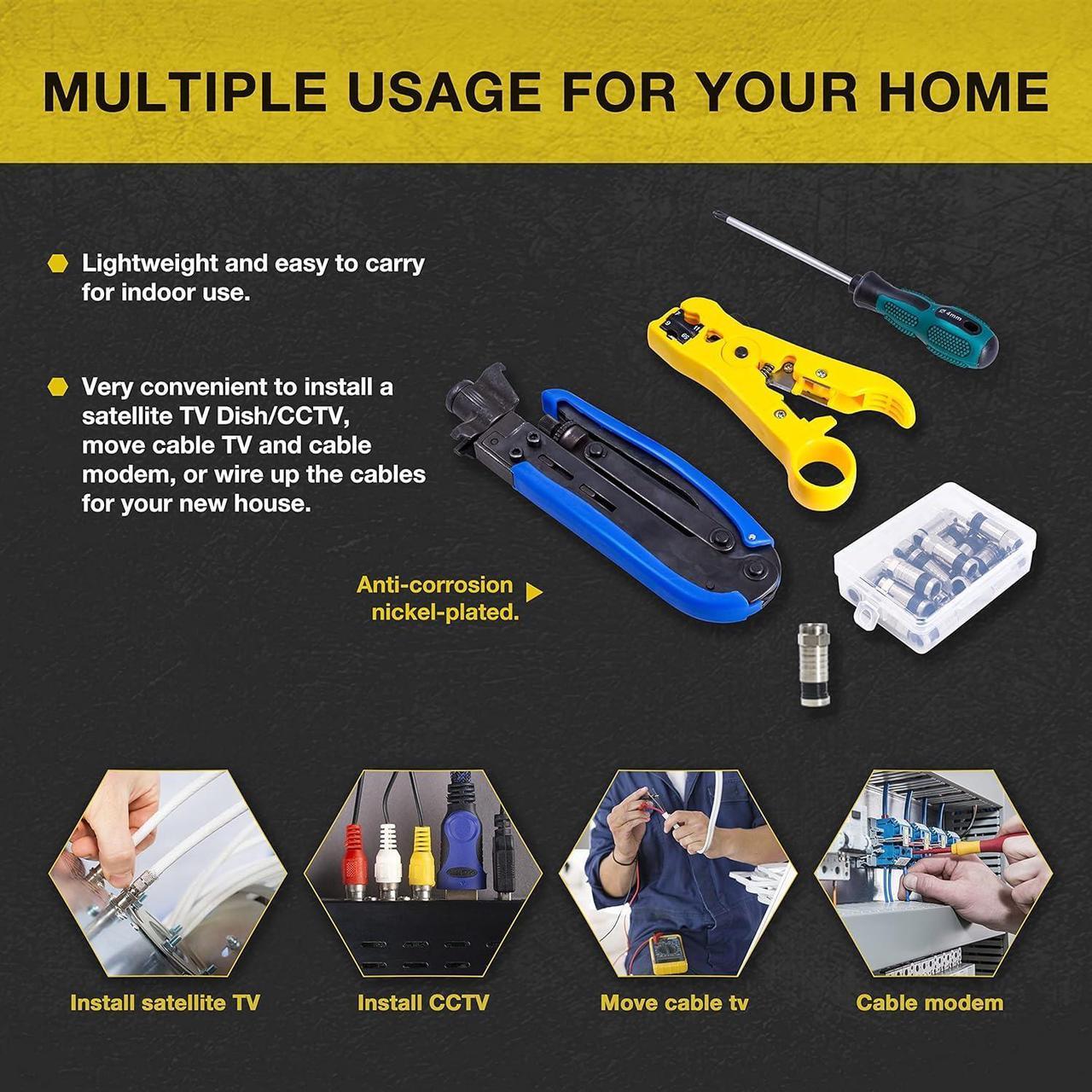 Alt view image 2 of 7 - KOTTO Coax Cable Crimper Kit, Compression Tool Coax Adjustable RG6 RG59 RG11 75-5 75-7 Coaxial Cable Stripper with 20 PCS F Compression Connectors