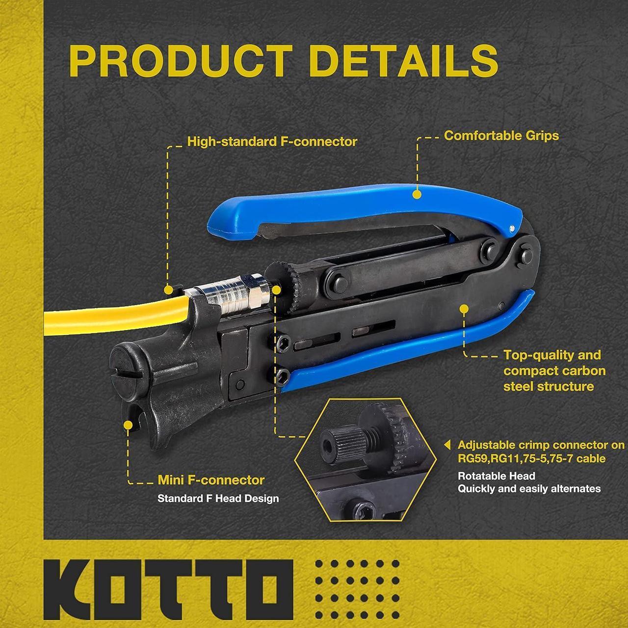 Alt view image 3 of 7 - KOTTO Coax Cable Crimper Kit, Compression Tool Coax Adjustable RG6 RG59 RG11 75-5 75-7 Coaxial Cable Stripper with 20 PCS F Compression Connectors