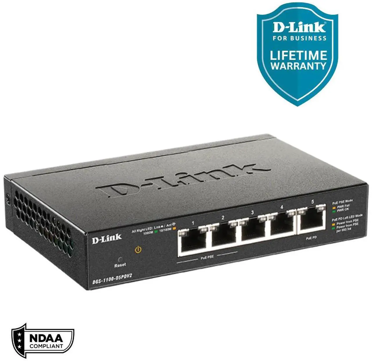 Alt view image 2 of 6 - D-Link 5-Port Gigabit Smart Managed PoE-Powered Switch | PoE Extender | 2 PoE pass-through ports | Metal Compact| NDAA Compliant - (DGS-1100-05PDV2)