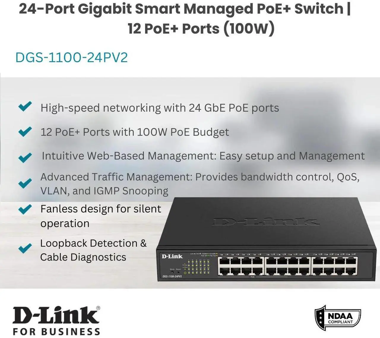 Alt view image 3 of 5 - D-Link 24-Port Gigabit Smart Managed PoE+ Switch | 12 PoE+ Ports (100W) | NDAA Compliant | Lifetime Warranty - (DGS-1100-24PV2)