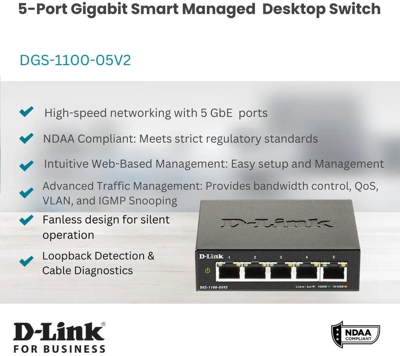 Alt view image 3 of 6 - D-Link 5-Port Gigabit Smart Managed Switch | Web Managed | Cable Diagnostics | Fanless | Compact Metal Desktop | NDAA Compliant - (DGS-1100-05V2)