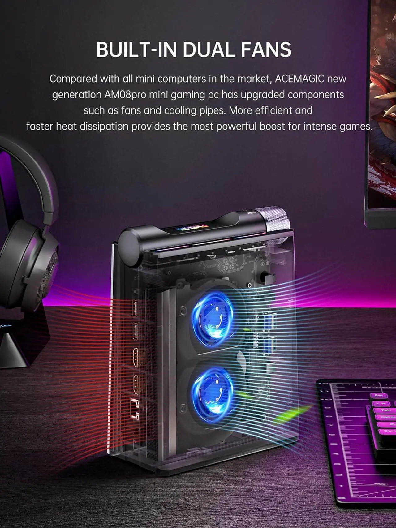 Alt view image 5 of 7 - ACEMAGIC Mini Gaming PC 32GB DDR5 1TB NVMe SSD, Mini Computers with Ryzen 9 6900HX+ AMD Radeon 680M, Support 4K Triple Screen,RGB Lights,WiFi6,BT5.2,Type C,up to 4.9Ghz, AM08PRO