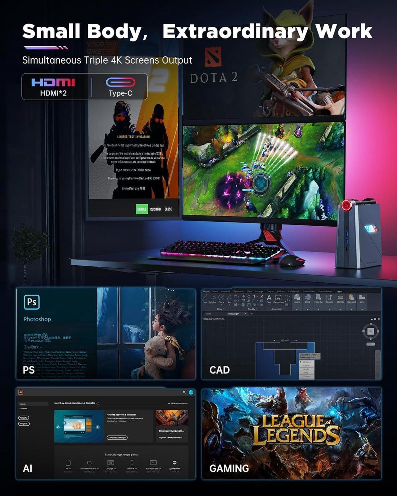 Alt view image 8 of 7 - ACEMAGIC Mini Gaming PC Intel Core i7-11700B,Mini Computers 16GB DDR4 512GB NVMe SSD up to 4.9GHz,24 MB Intel Smart Cache,WiFi6/BT5.2/4K@60Hz/Multi-Mode/Built-in Dual Fans/RGB Control, AD08