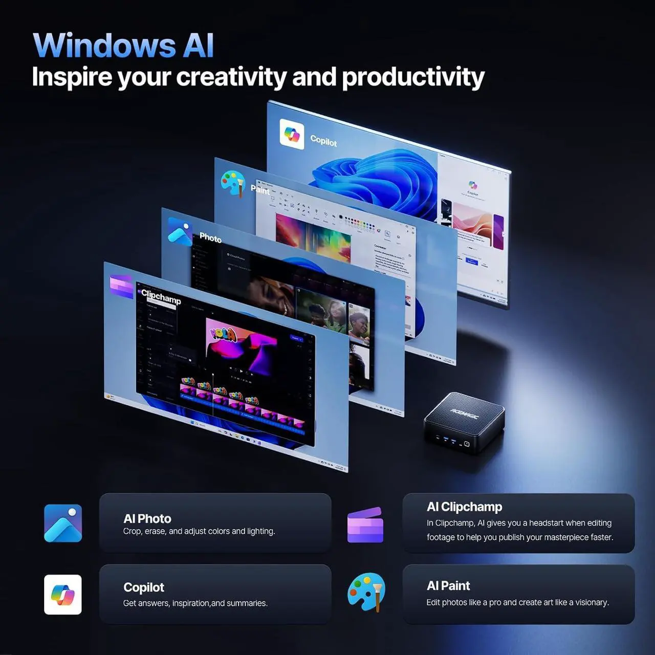 Alt view image 4 of 7 - ACEMAGIC AI Mini PC Ultra 7 155H (16C/22T, up to 4.8GHz), 32GB DDR5 RAM 1TB SSD, TDP 65W, Mini Gaming PC Intel AI Boost, Supports ray tracing, Intel XeSS Technology, WiFi 7/BT5.4/Type-C/Dual Fans