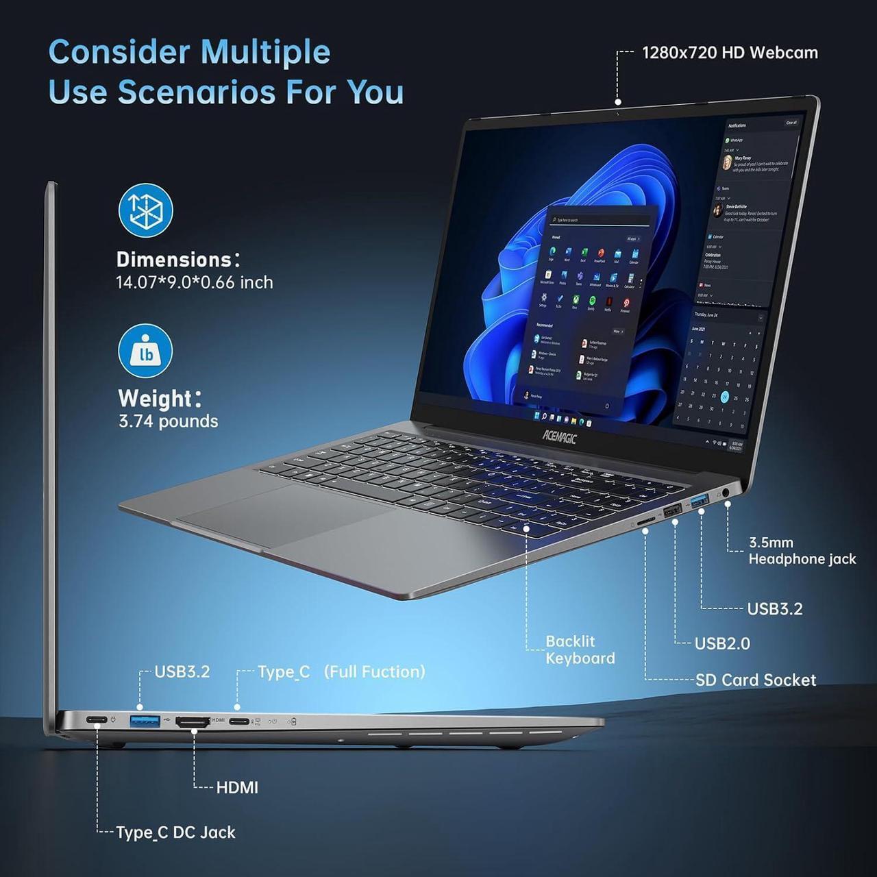 Alt view image 4 of 7 - ACEMAGIC Gaming Laptop AMD Ryzen 7 5825U(8C/16T), Radeon RX Vega 8 Graphics,16.1FHD Display,16GB RAM 512GB NVMe SSD Laptop Computer with Backlit KB,Type_C (Full Function),WiFi 6, 53Wh Battery