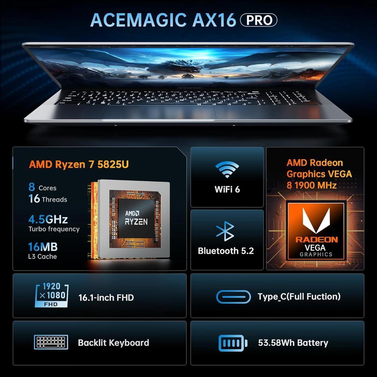 Alt view image 3 of 7 - ACEMAGIC Gaming Laptop AMD Ryzen 7 5825U(8C/16T), Radeon RX Vega 8 Graphics,16.1FHD Display,16GB RAM 512GB NVMe SSD Laptop Computer with Backlit KB,Type_C (Full Function),WiFi 6, 53Wh Battery