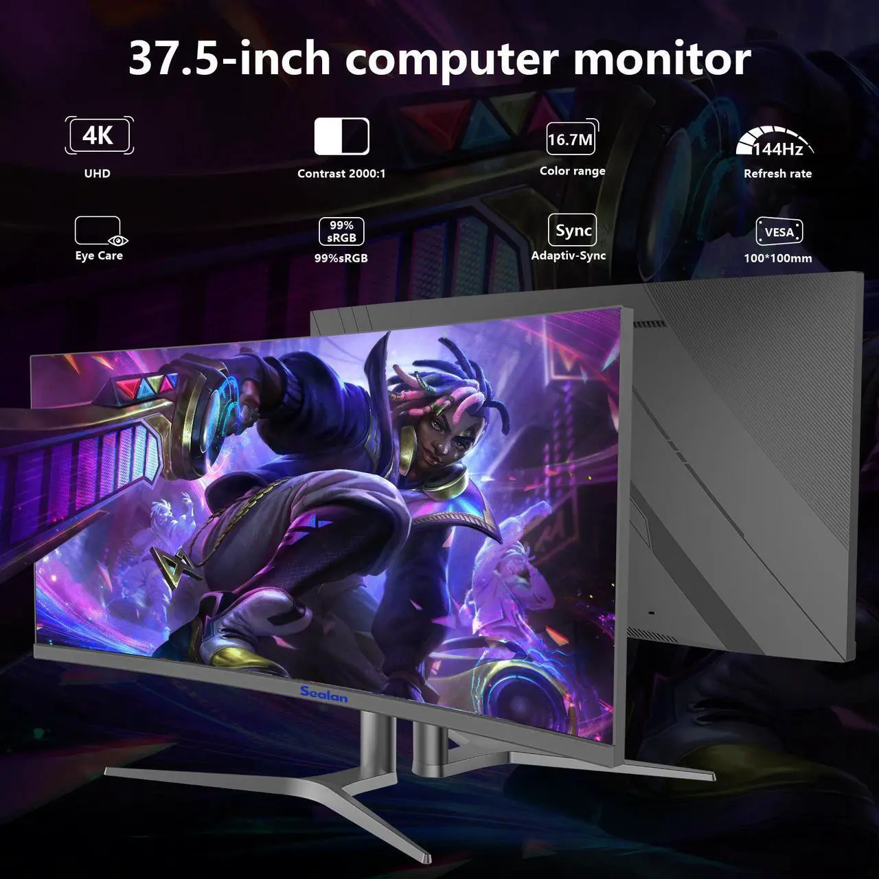 Alt view image 2 of 7 - Sealan  38 inch 4K Ultrawide Curved Gaming Monitor, 144Hz Refresh Rate, 3840 x 1600 WQHD , IPS, NVIDIA G-SYNC Ultimate, 1ms Response Time, 2500R Curvature, VESA Display HDR 600