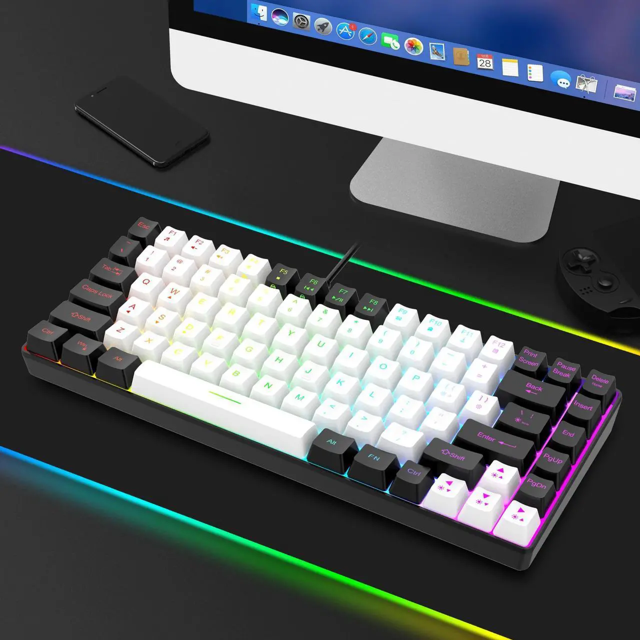 Alt view image 7 of 7 - 7KEYS TKL Wired Gaming Keyboard 84 Keys, RGB Backlight and Quiet key caps for gaming, Ultra Portable, Mechanical Feeling, Detachable and Stable Type-C Cable for Desktop PC Computer,Laptop Mac Layout