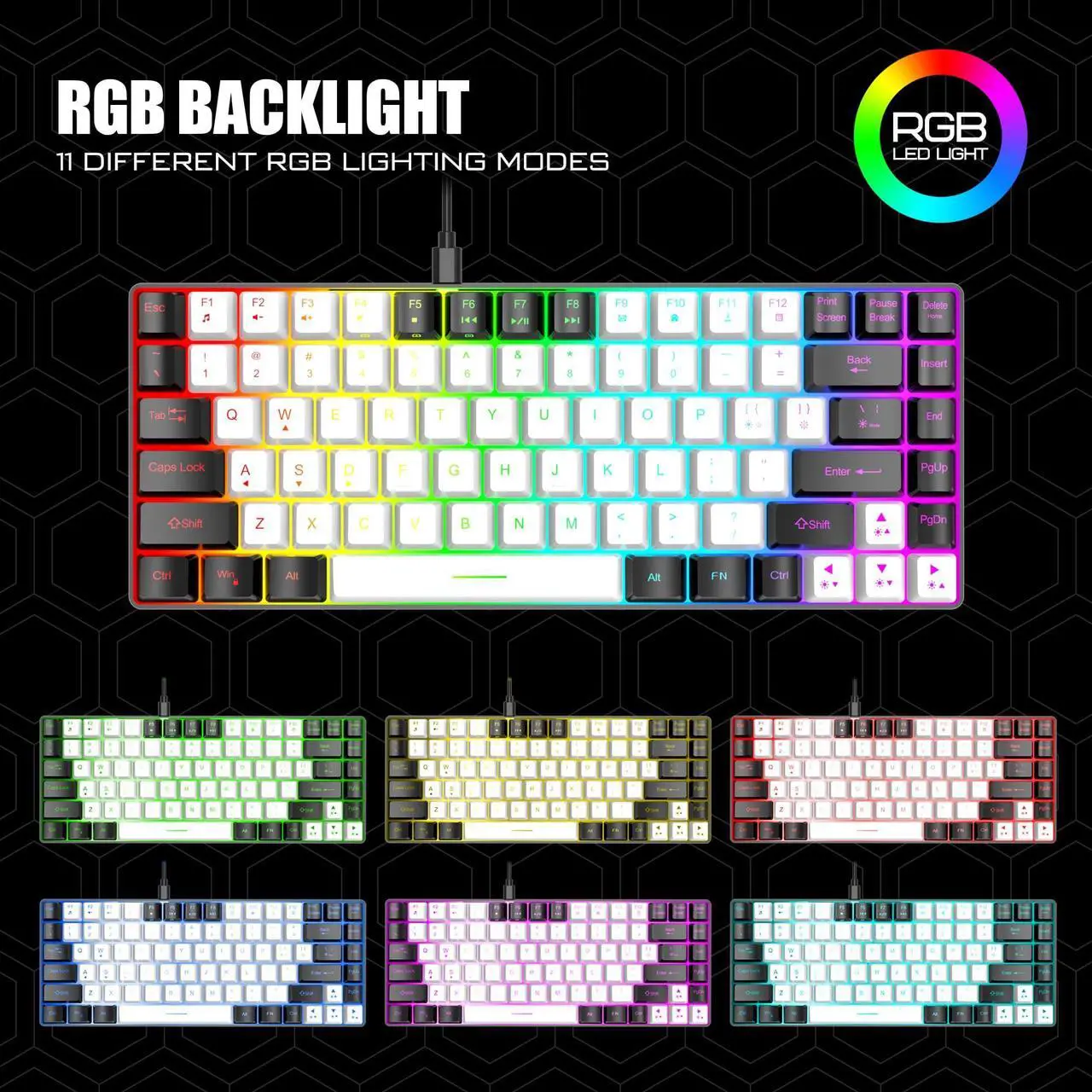 Alt view image 2 of 7 - 7KEYS TKL Wired Gaming Keyboard 84 Keys, RGB Backlight and Quiet key caps for gaming, Ultra Portable, Mechanical Feeling, Detachable and Stable Type-C Cable for Desktop PC Computer,Laptop Mac Layout