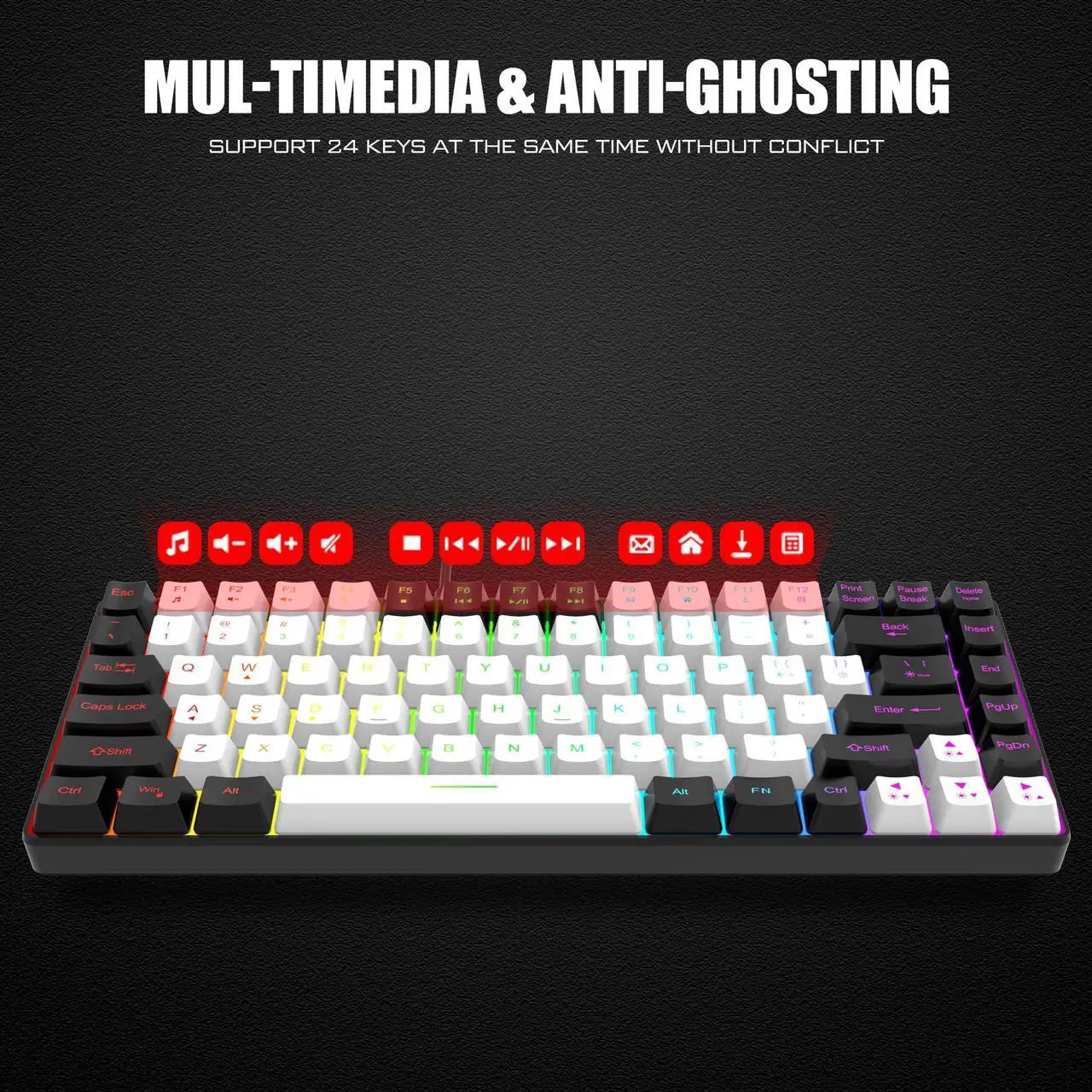 Alt view image 4 of 7 - 7KEYS TKL Wired Gaming Keyboard 84 Keys, RGB Backlight and Quiet key caps for gaming, Ultra Portable, Mechanical Feeling, Detachable and Stable Type-C Cable for Desktop PC Computer,Laptop Mac Layout