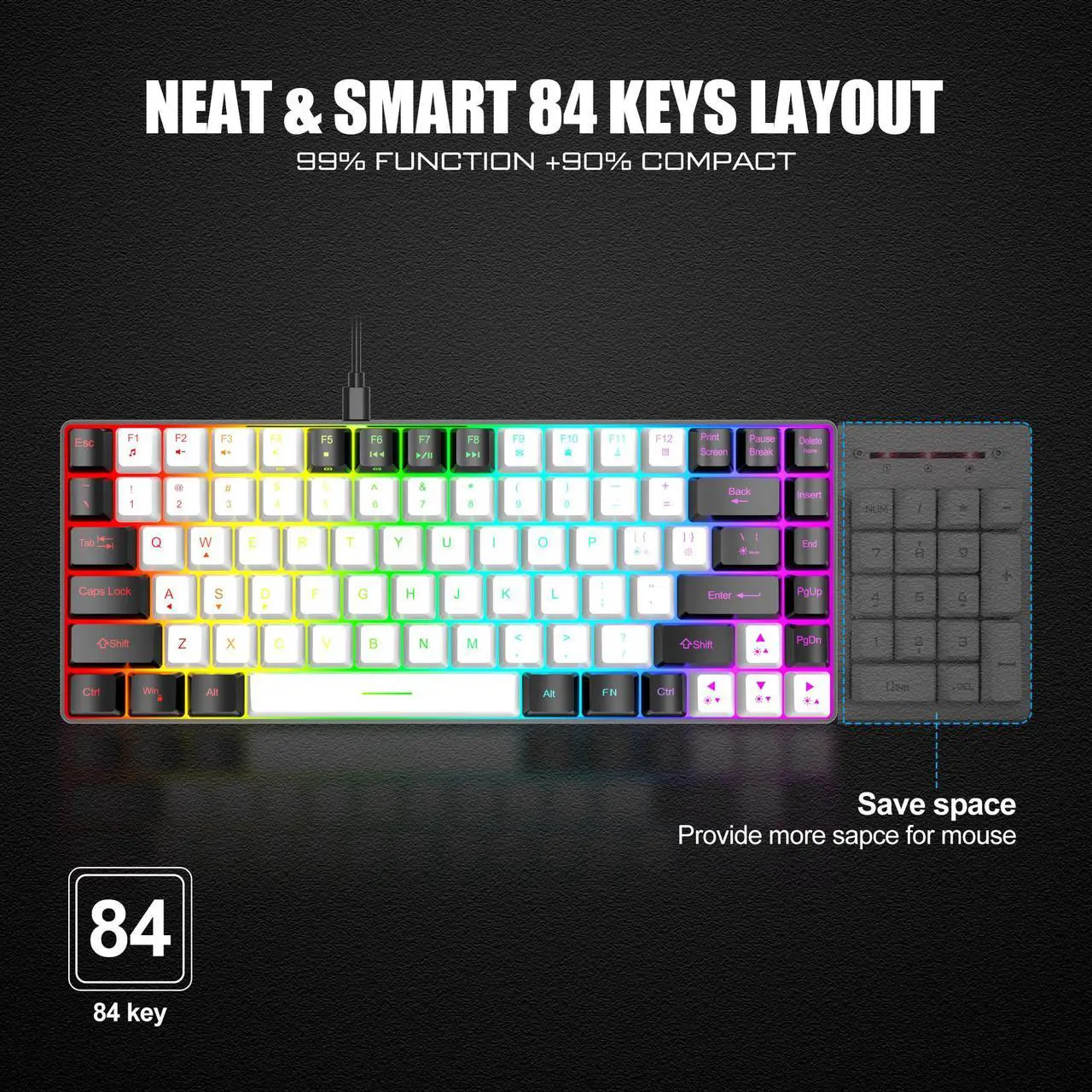 Alt view image 3 of 7 - 7KEYS TKL Wired Gaming Keyboard 84 Keys, RGB Backlight and Quiet key caps for gaming, Ultra Portable, Mechanical Feeling, Detachable and Stable Type-C Cable for Desktop PC Computer,Laptop Mac Layout