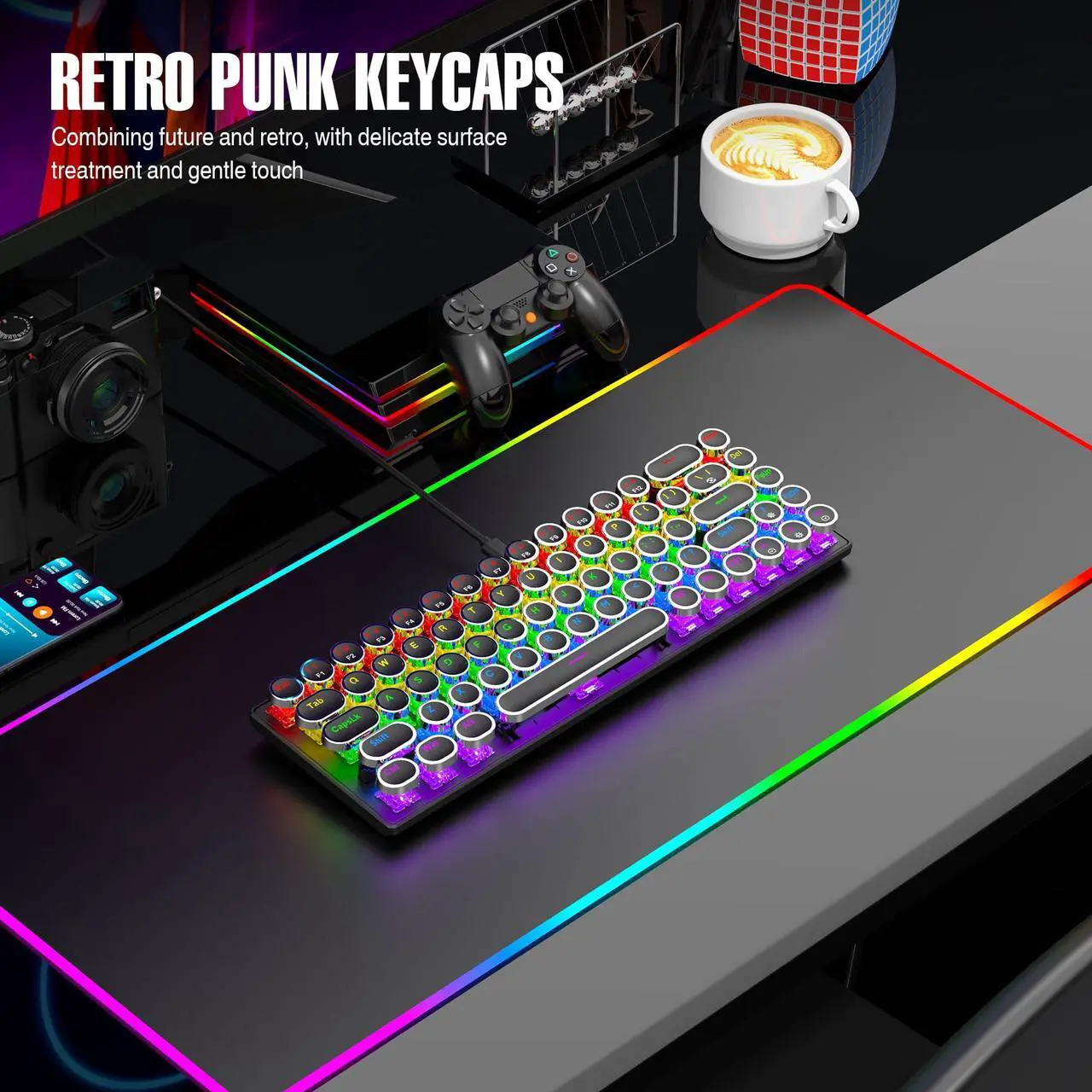 Alt view image 4 of 7 - 7KEYS 60% Gaming Keyboard Wired Mechanical, RGB Backlight, 68 Keys with Arrow Keys, Hot-swappable Blue Switch for PC Computer Laptop