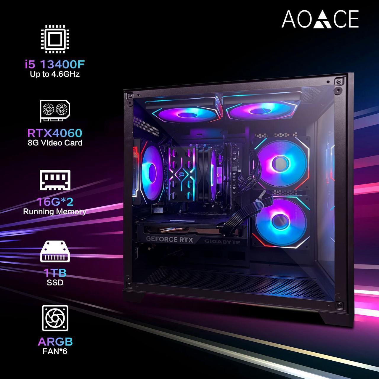 AOACE Gaming PC Desktop INTEL Core i5 13400F 2.5 GHz, NVIDIA RTX 4060 ...